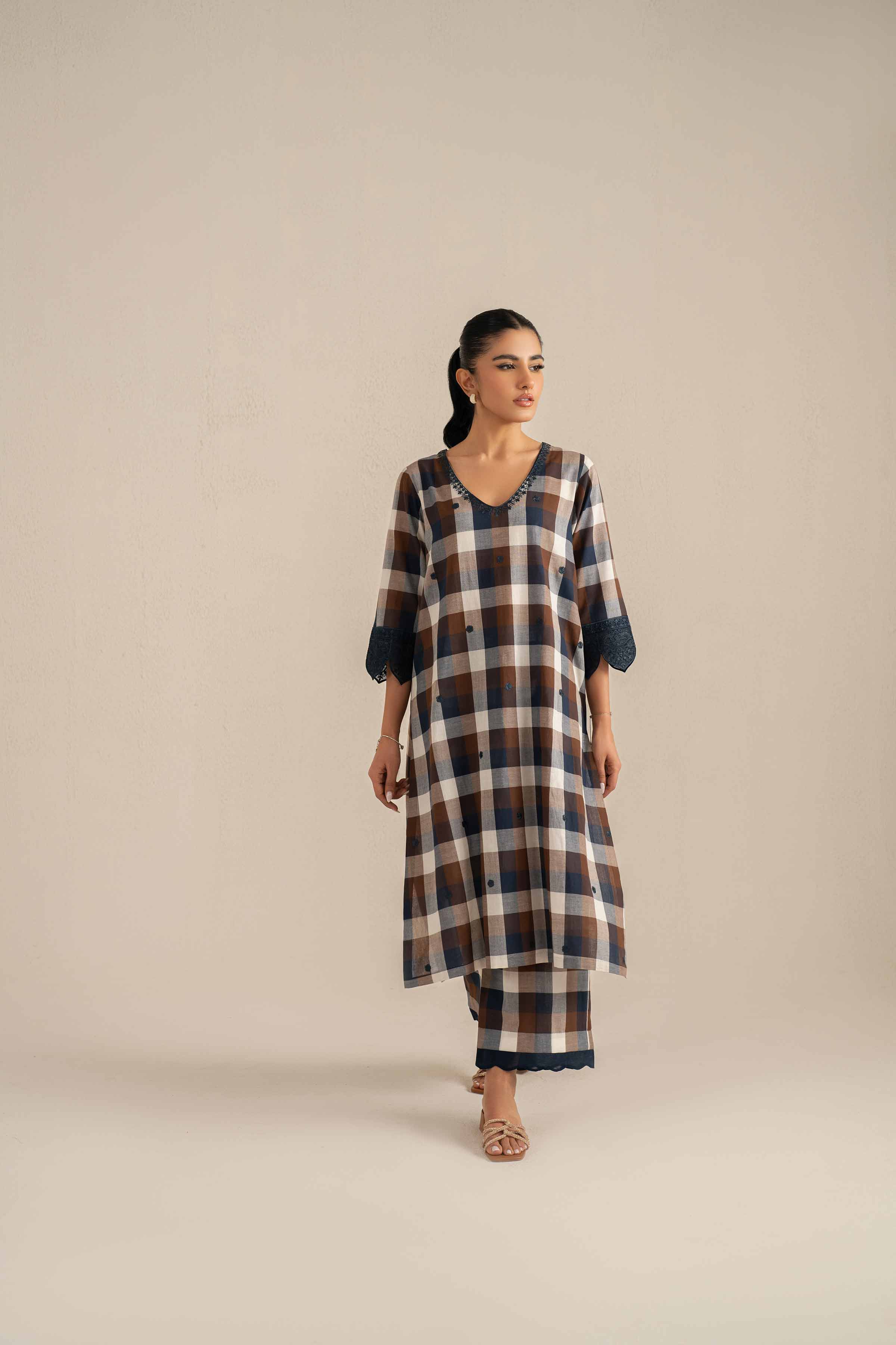 NishatUK - Brown Embroidered Chambray Cotton 2-piece ready to wear Luxury Dress