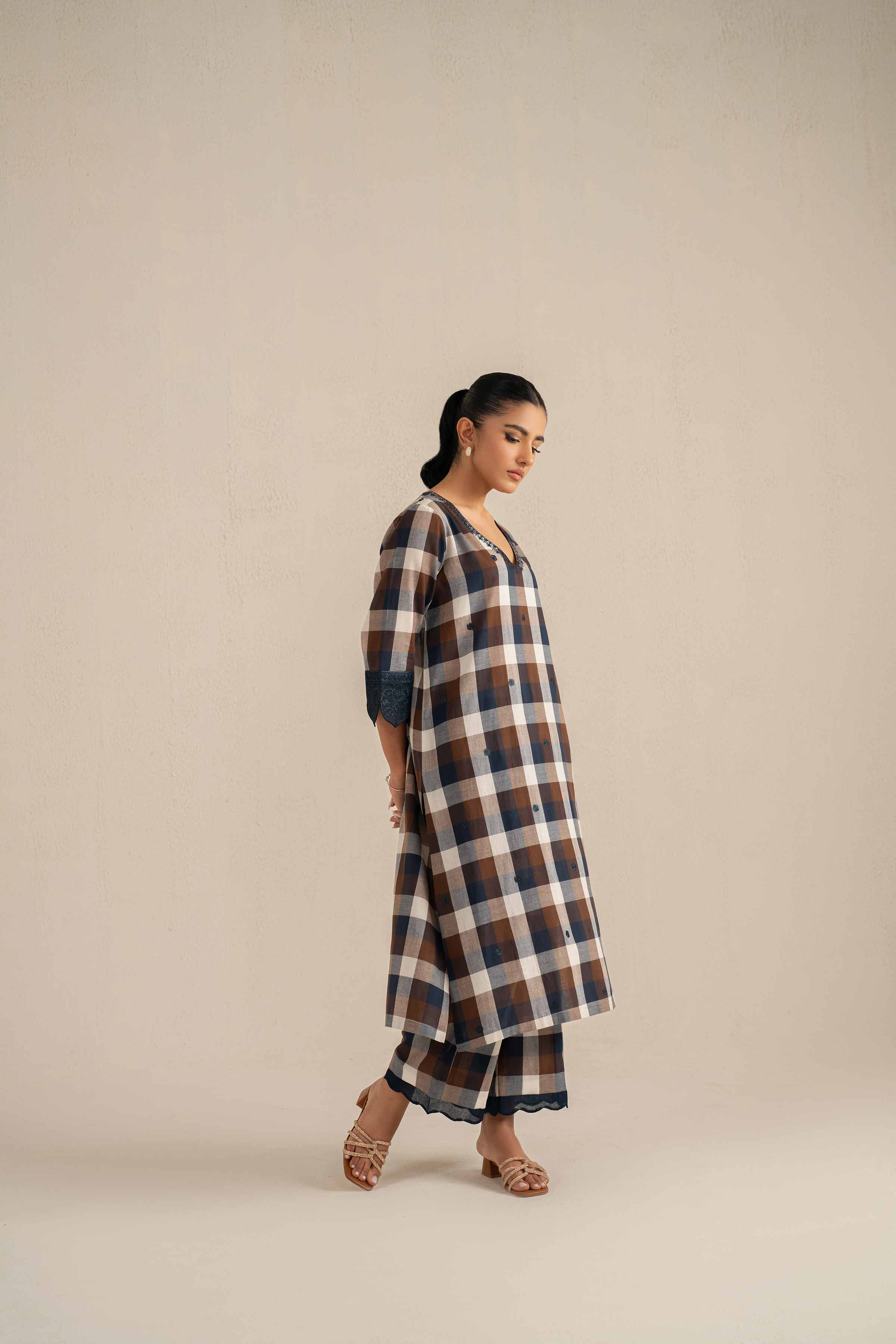 NishatUK - Brown Embroidered Chambray Cotton 2-piece ready to wear Luxury Dress