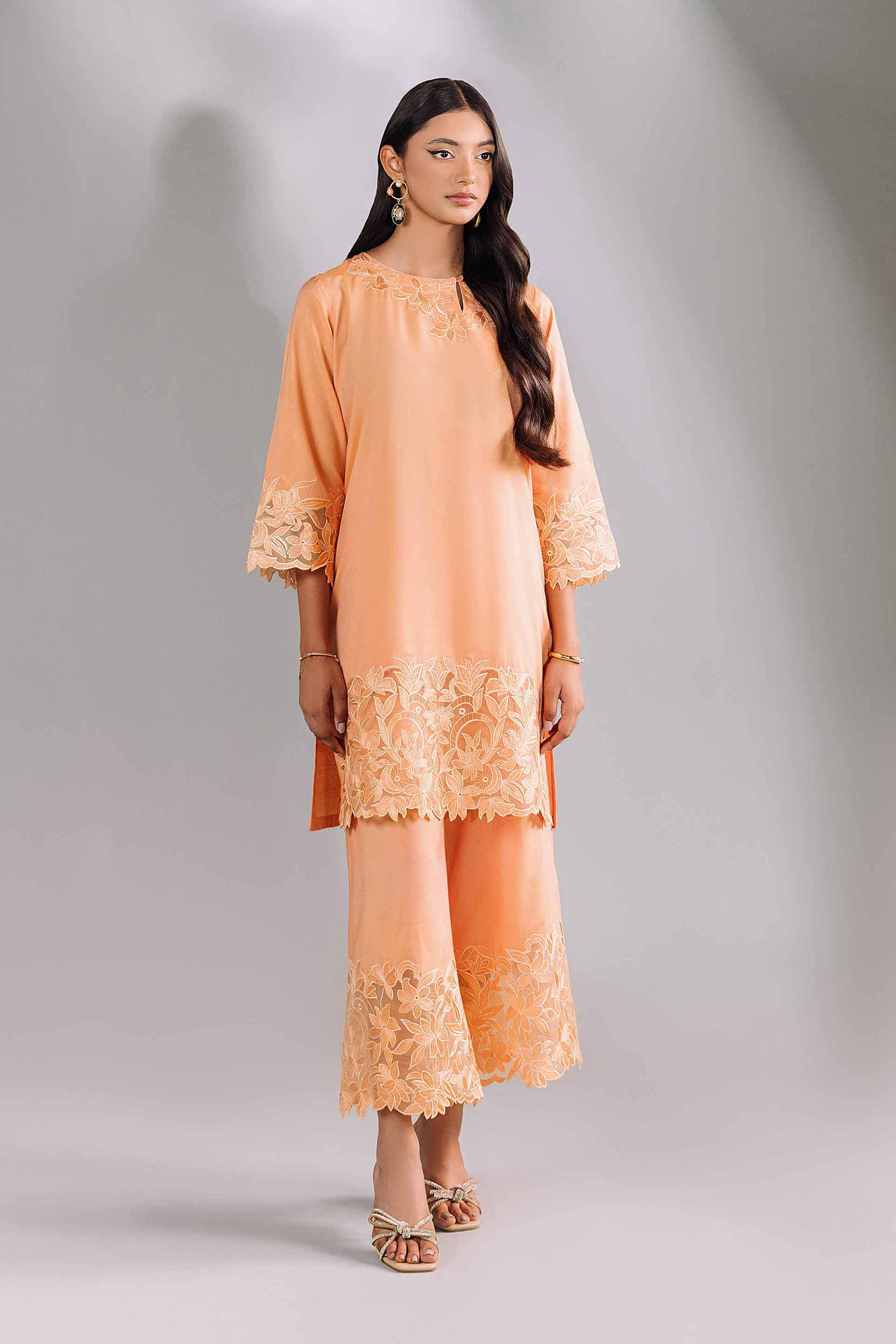 NishatUK - Peach Embroidered Silk 2-piece ready to wear Luxury Dress