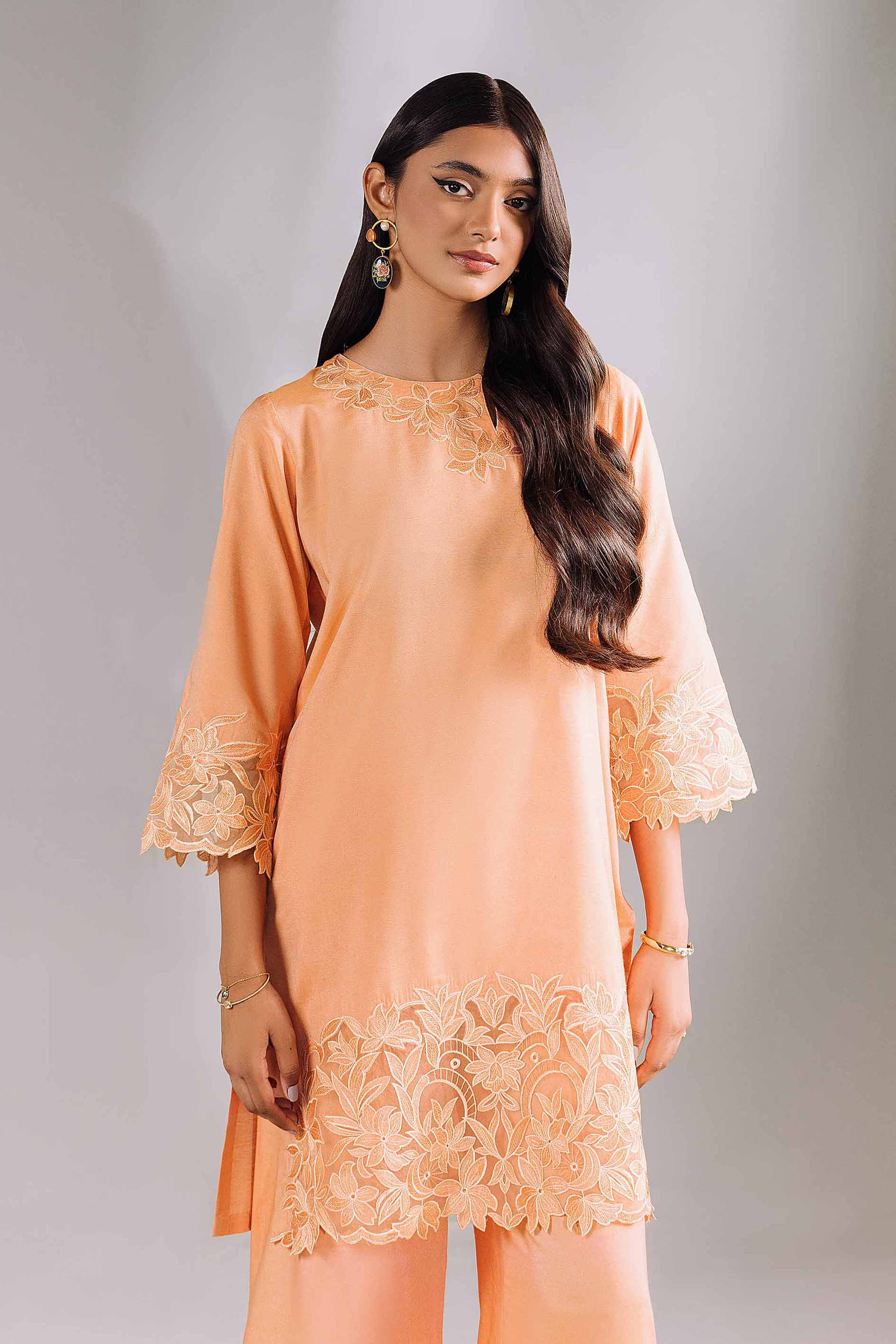 NishatUK - Peach Embroidered Silk 2-piece ready to wear Luxury Dress