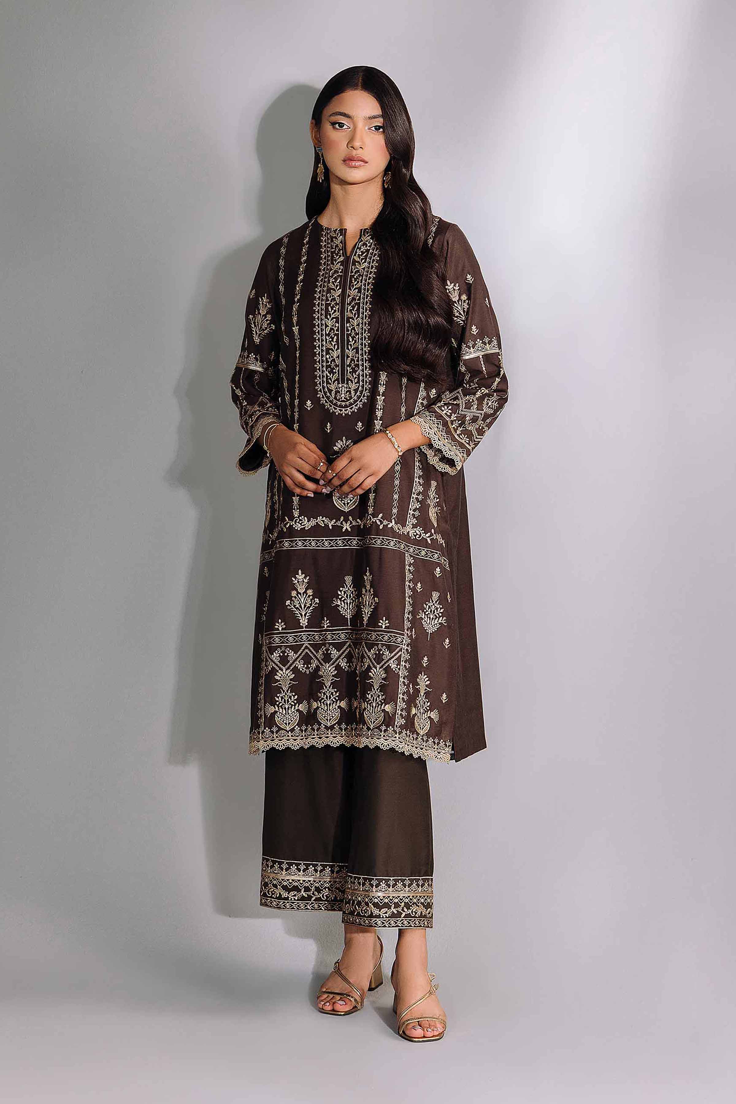 NishatUK - Brown Embroidered Silk 2-piece ready to wear Luxury Dress