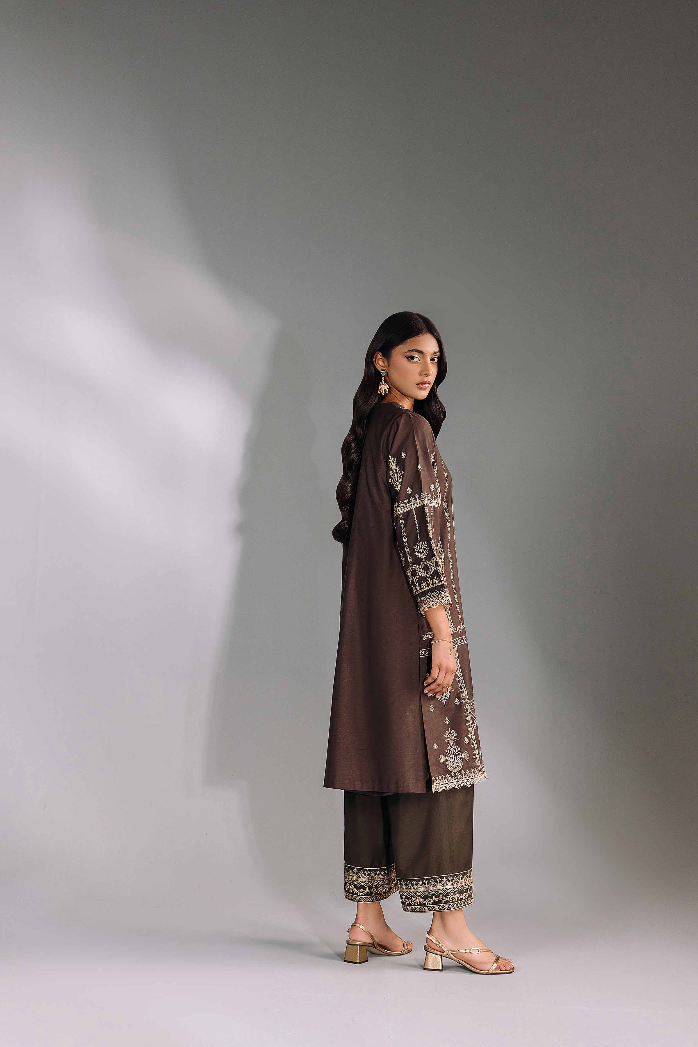 NishatUK - Brown Embroidered Silk 2-piece ready to wear Luxury Dress