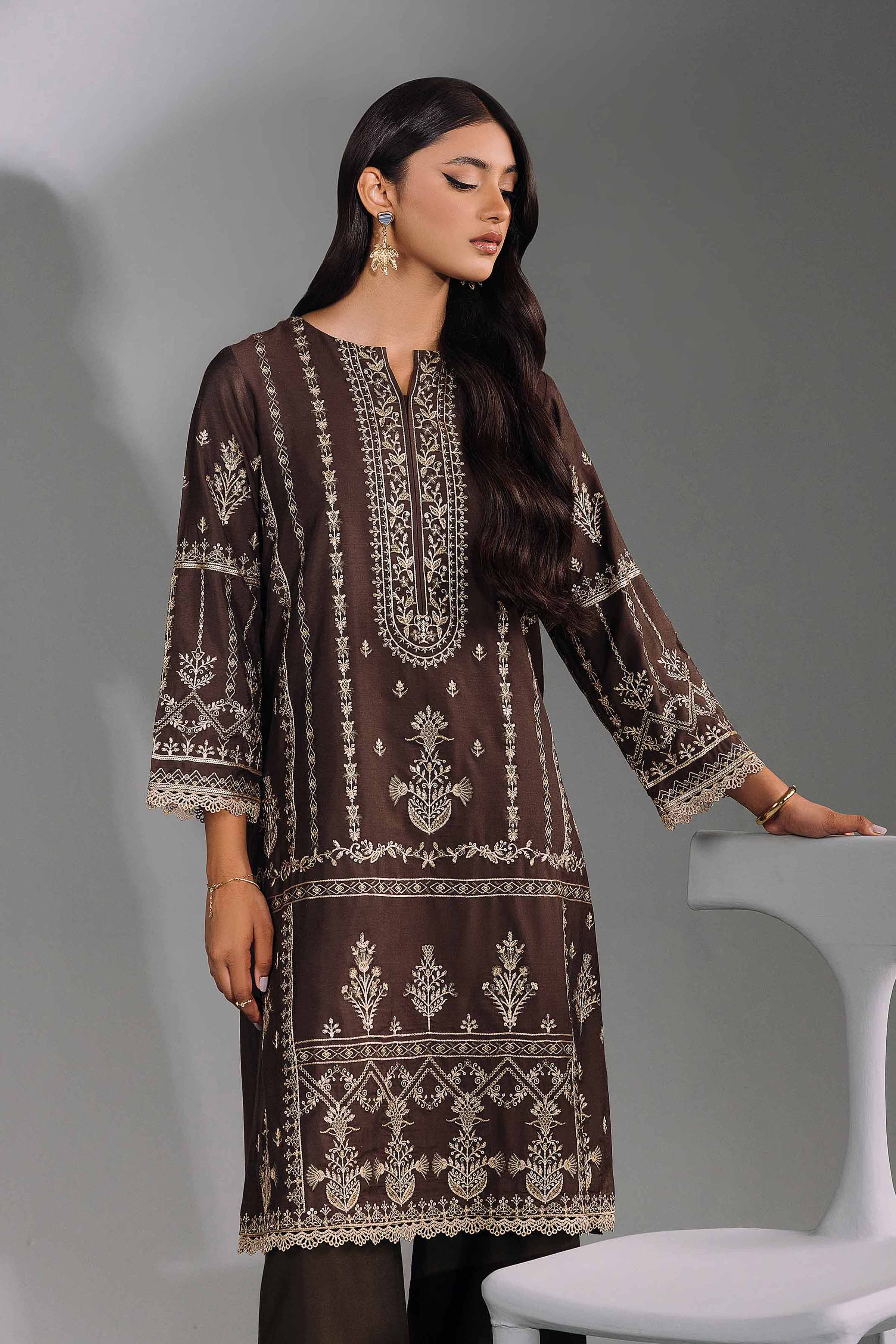 NishatUK - Brown Embroidered Silk 2-piece ready to wear Luxury Dress