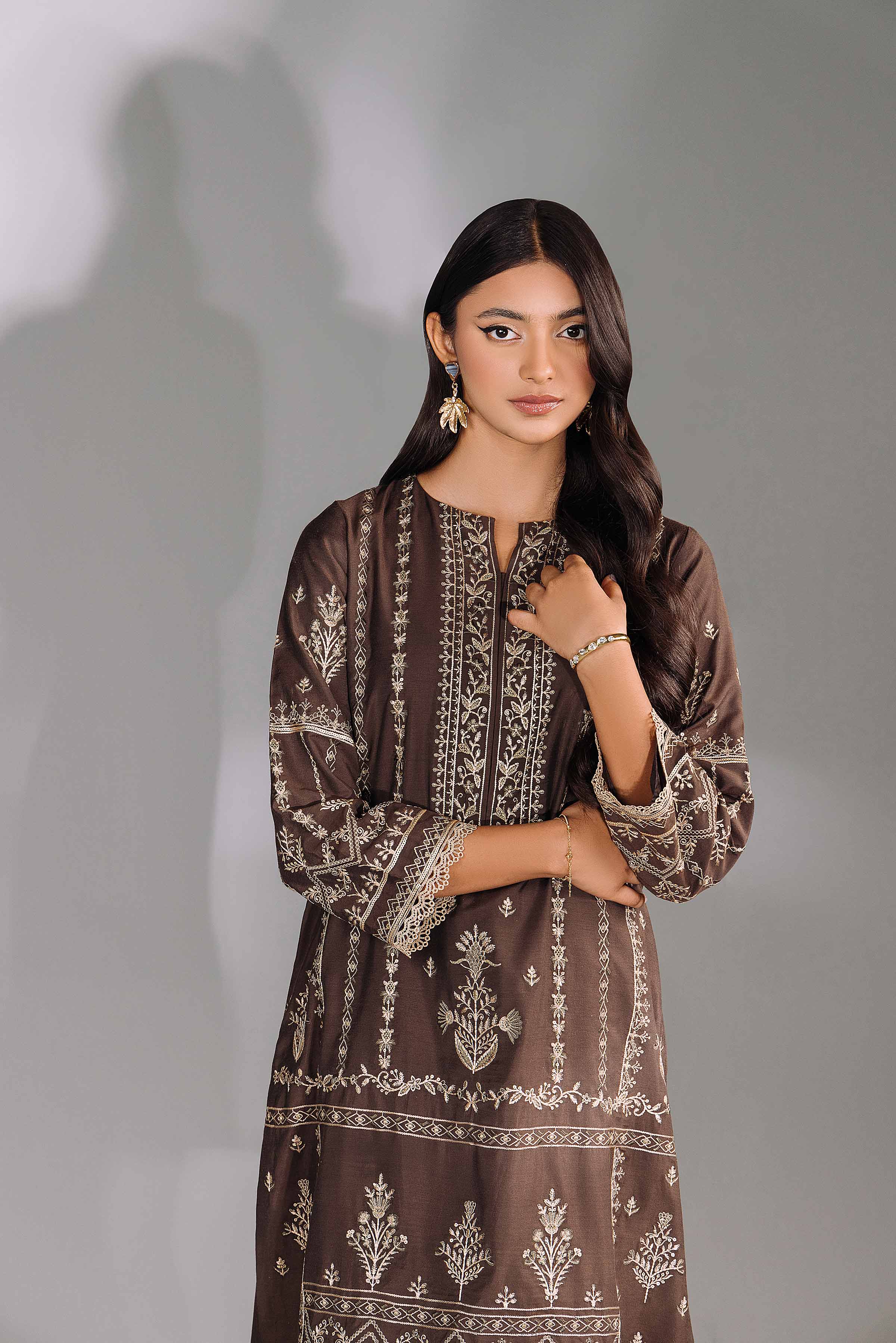 NishatUK - Brown Embroidered Silk 2-piece ready to wear Luxury Dress