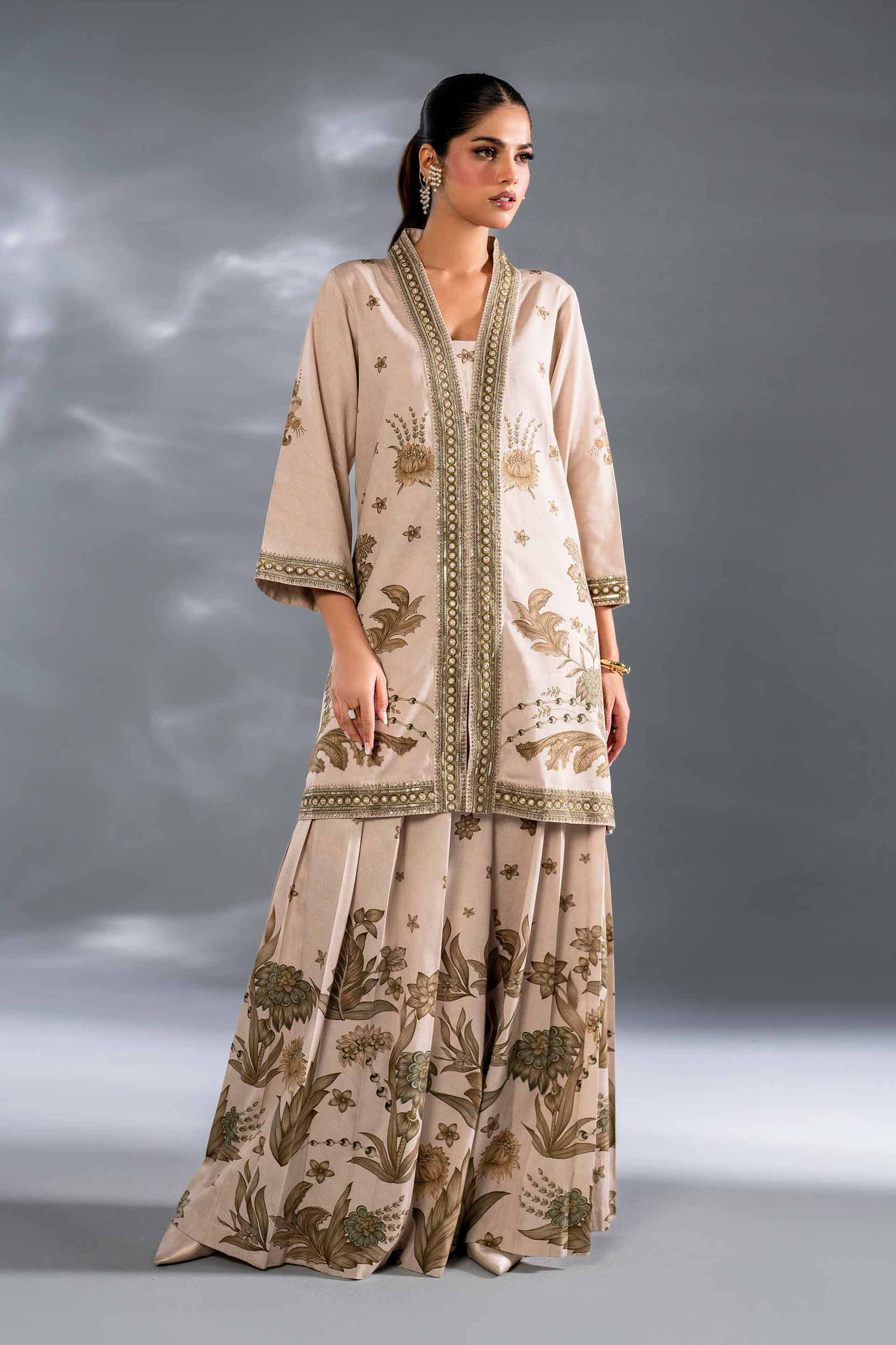 NishatUK - Beige Embroidered Satin 2-piece ready to wear Luxury Dress