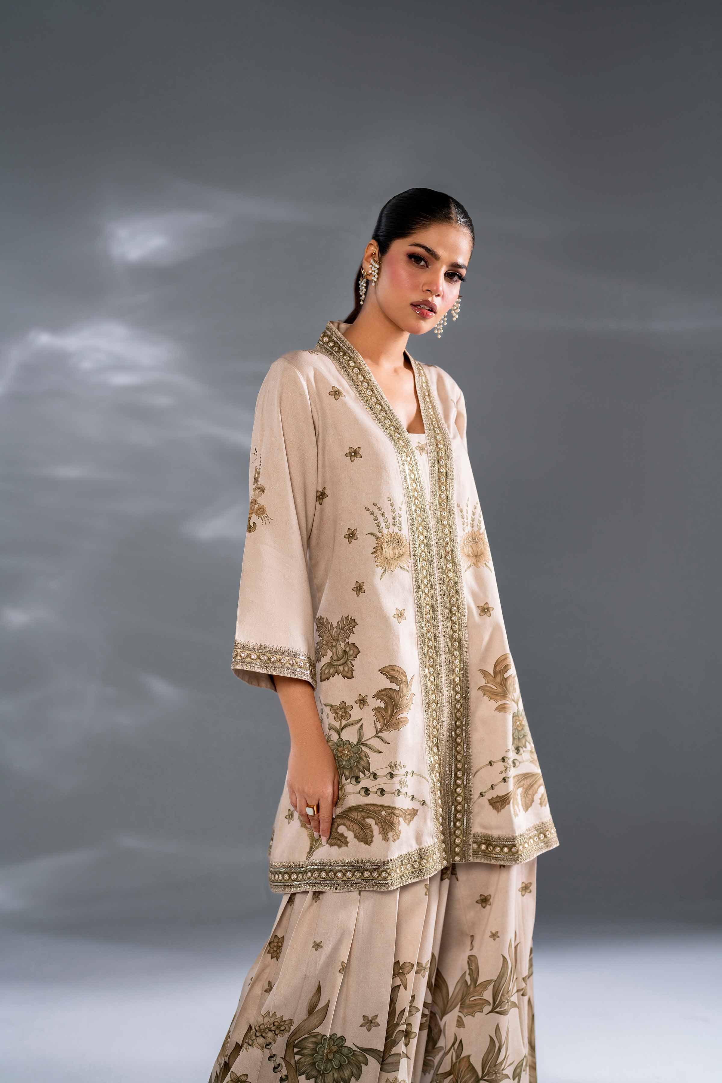 NishatUK - Beige Embroidered Satin 2-piece ready to wear Luxury Dress