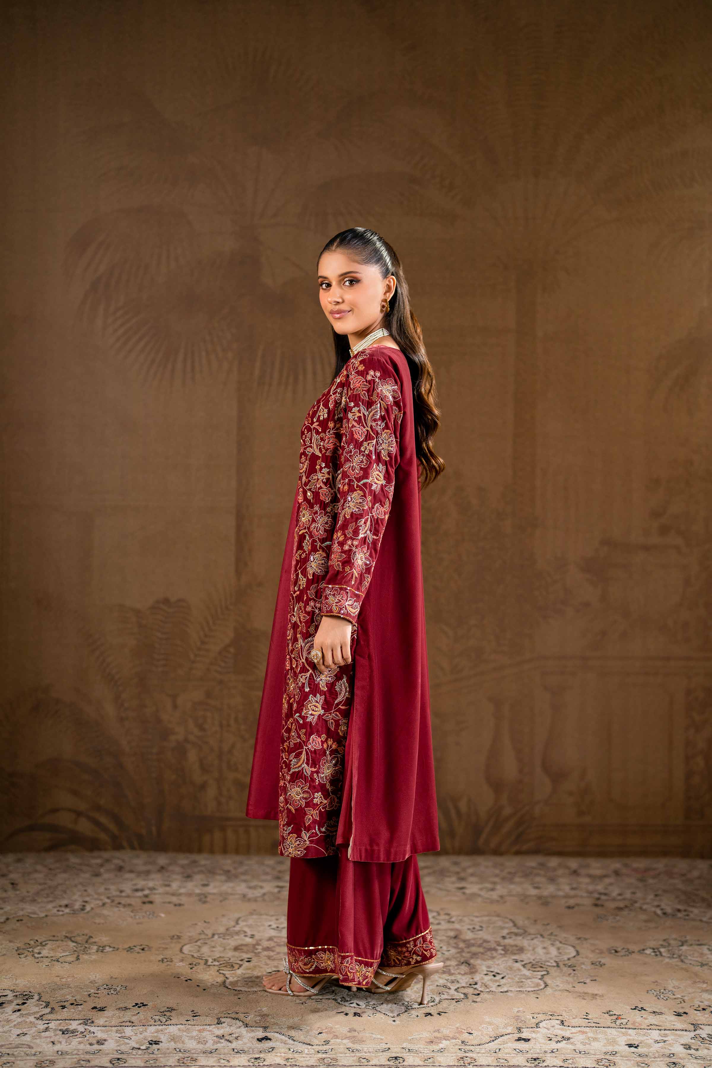 NishatUK - Brown Embroidered Velvet 3-piece ready to wear Suit