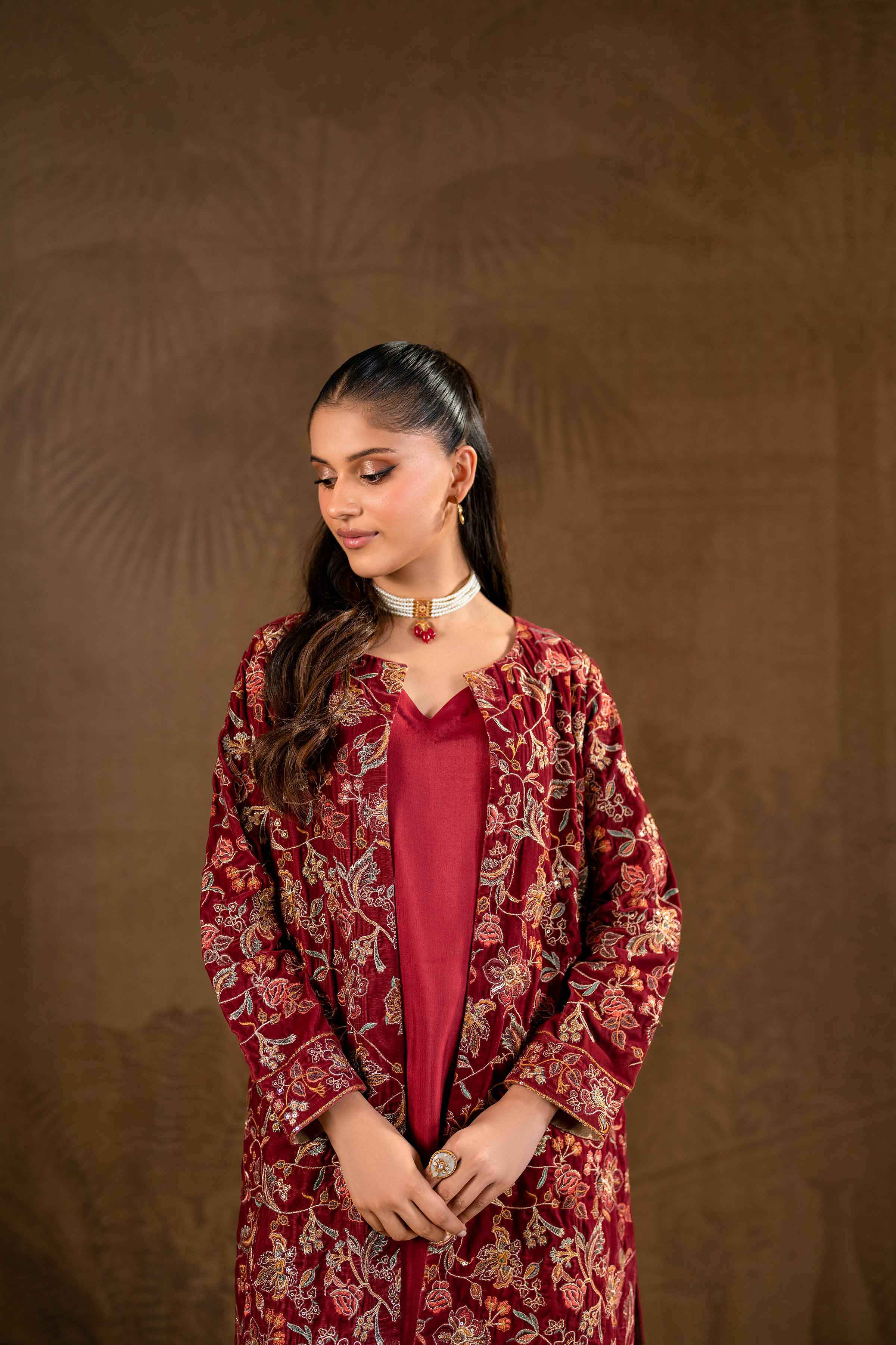 NishatUK - Brown Embroidered Velvet 3-piece ready to wear Suit
