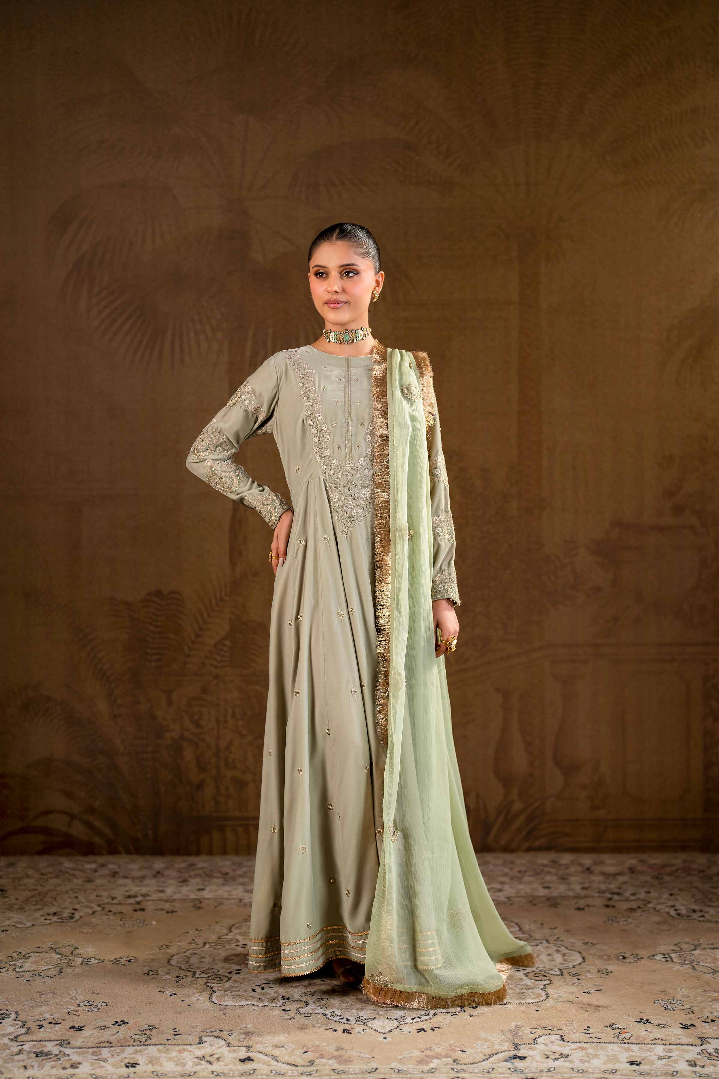 NishatUK - Brown Embroidered Velvet 2-piece ready to wear Luxury Dress