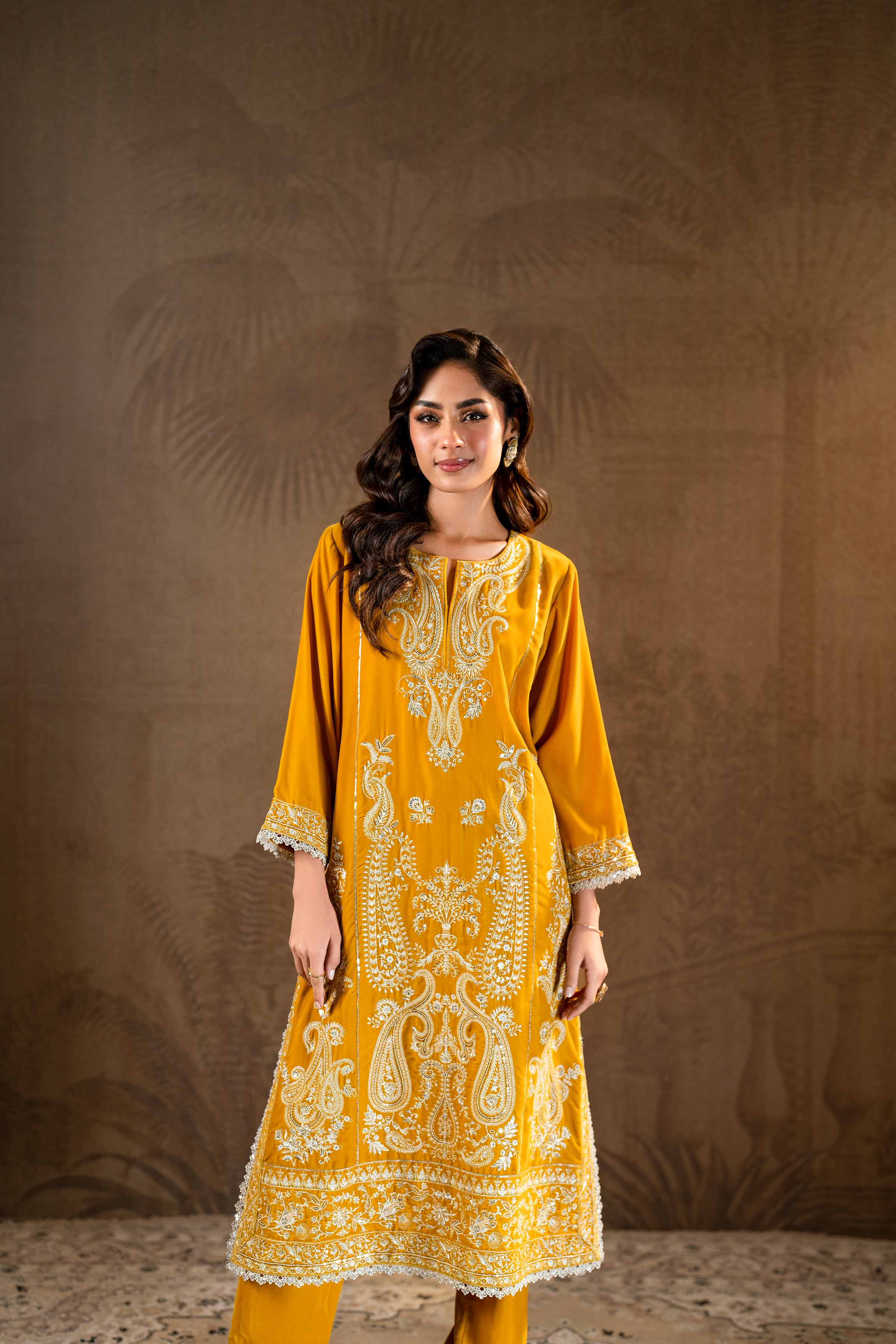 NishatUK - Brown Embroidered Velvet 2-piece ready to wear Luxury Dress