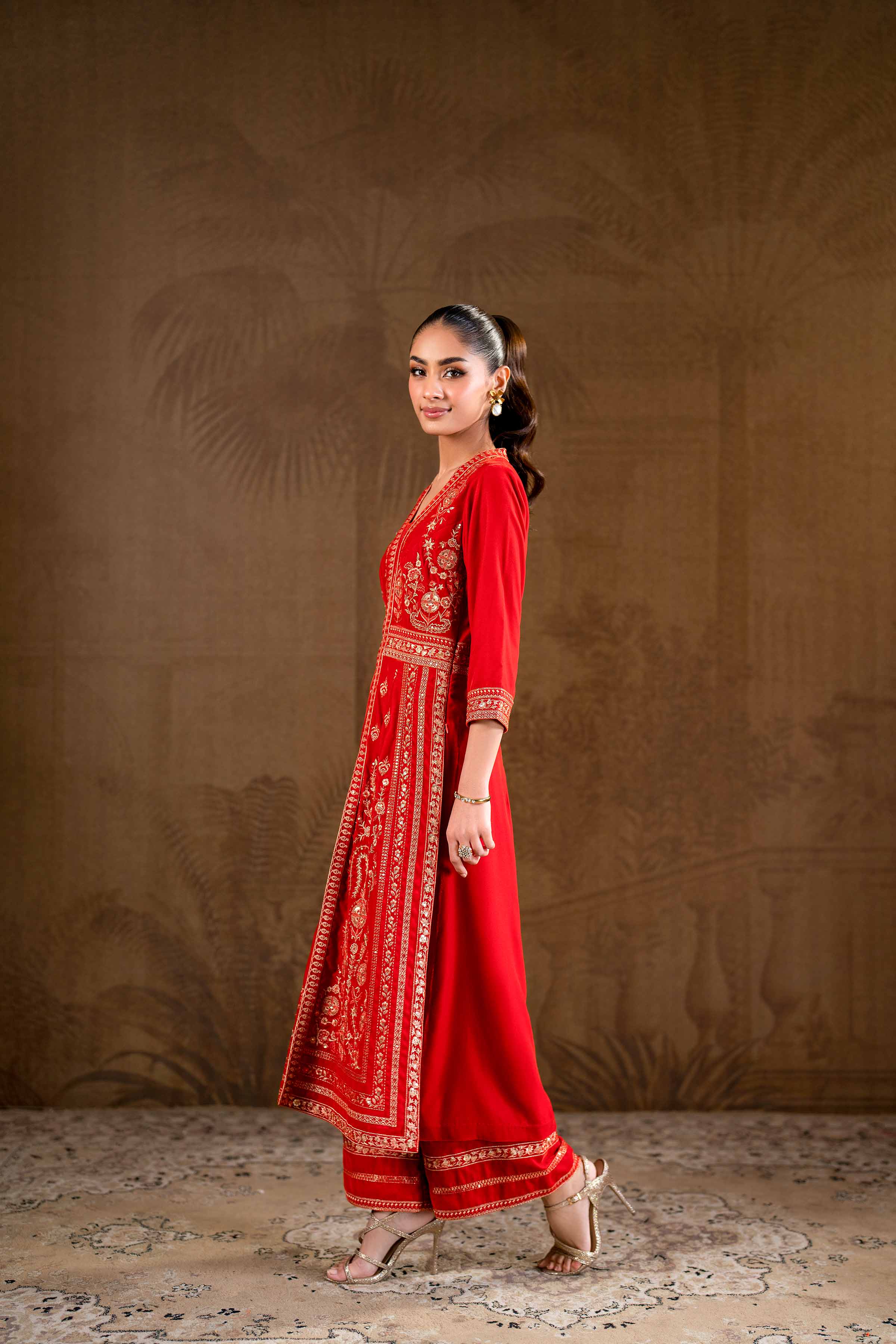 NishatUK - Brown Embroidered Velvet 2-piece ready to wear Luxury Dress