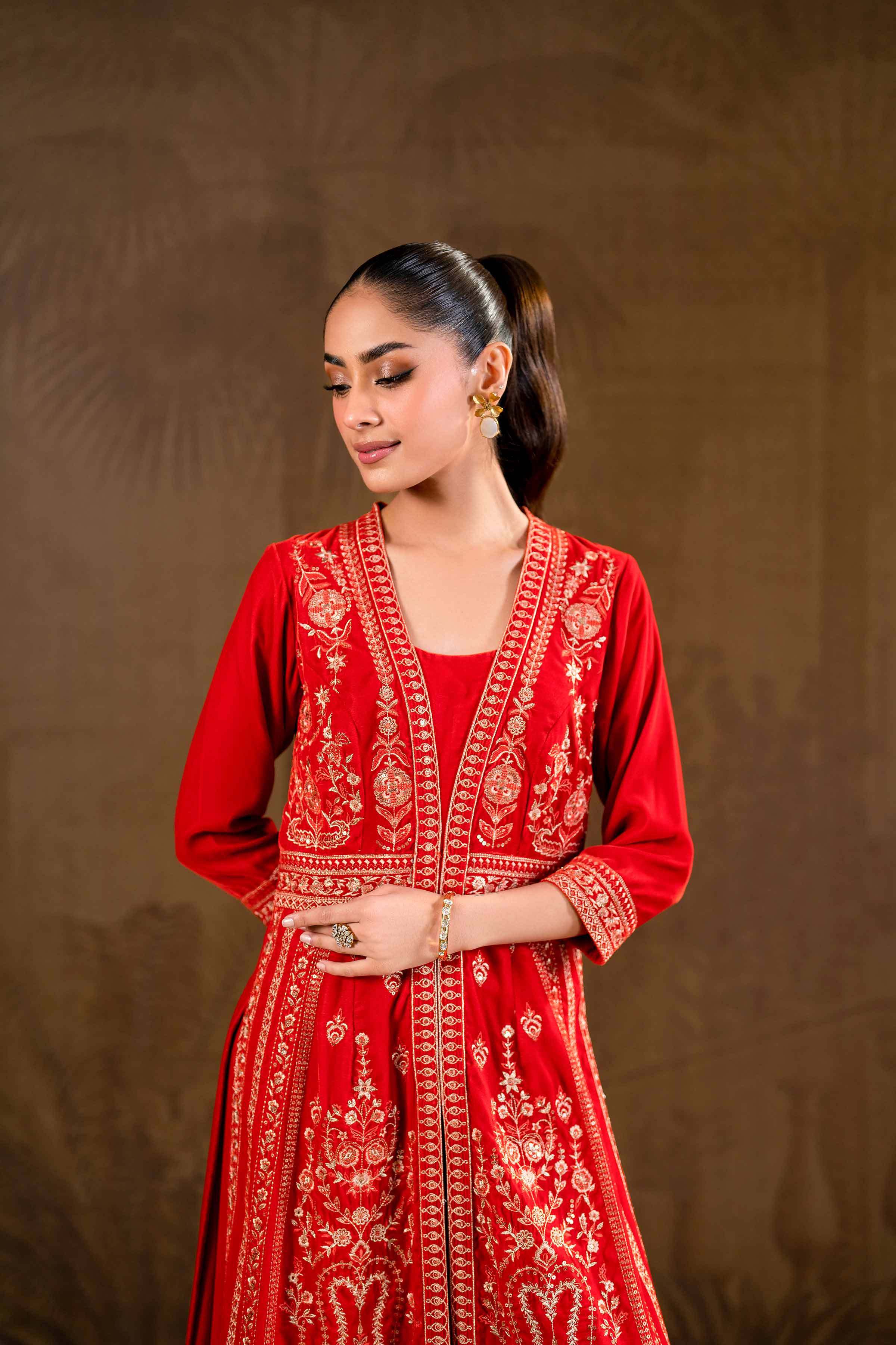 NishatUK - Brown Embroidered Velvet 2-piece ready to wear Luxury Dress