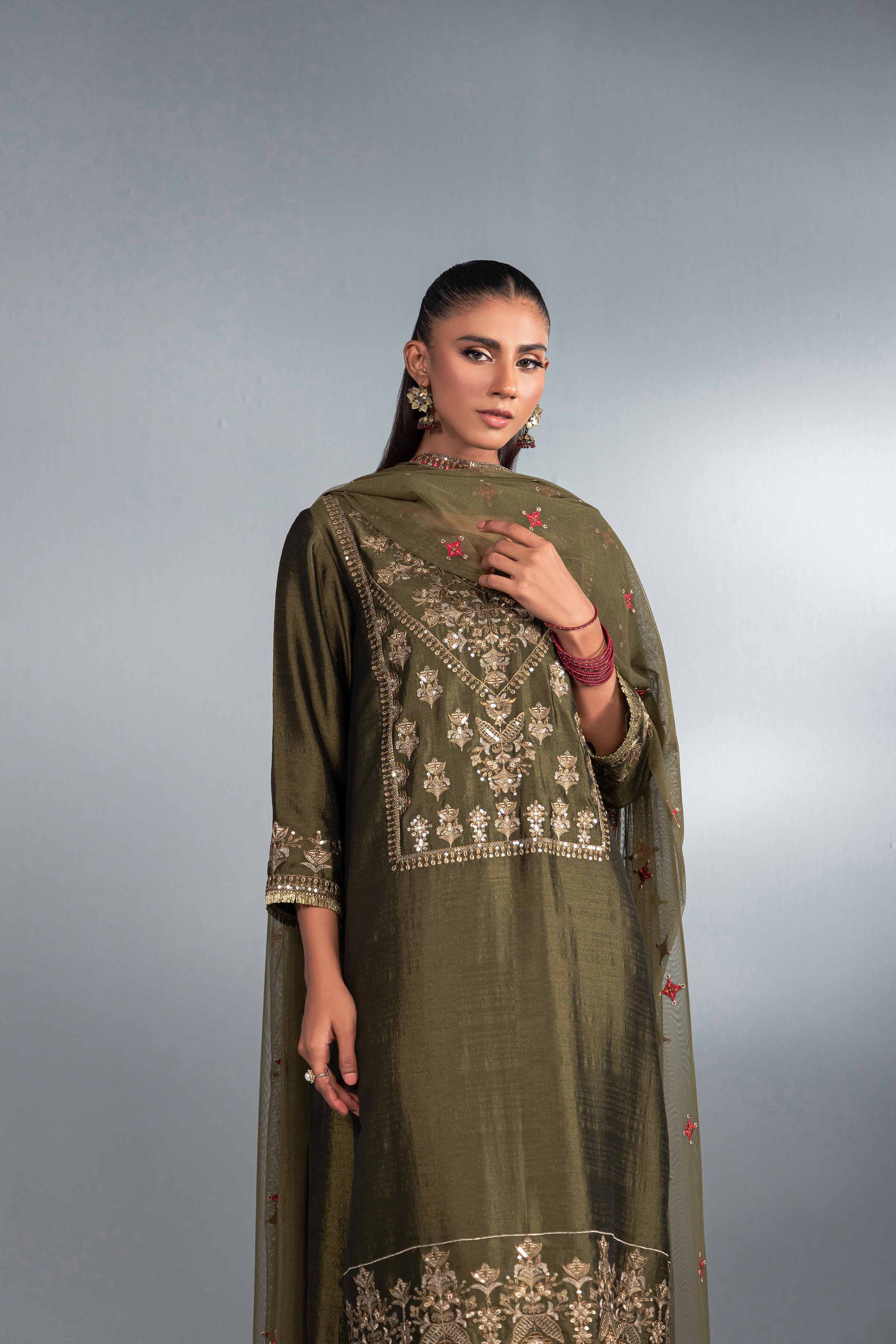NishatUK - Brown Embroidered Silk 3-piece ready to wear Suit