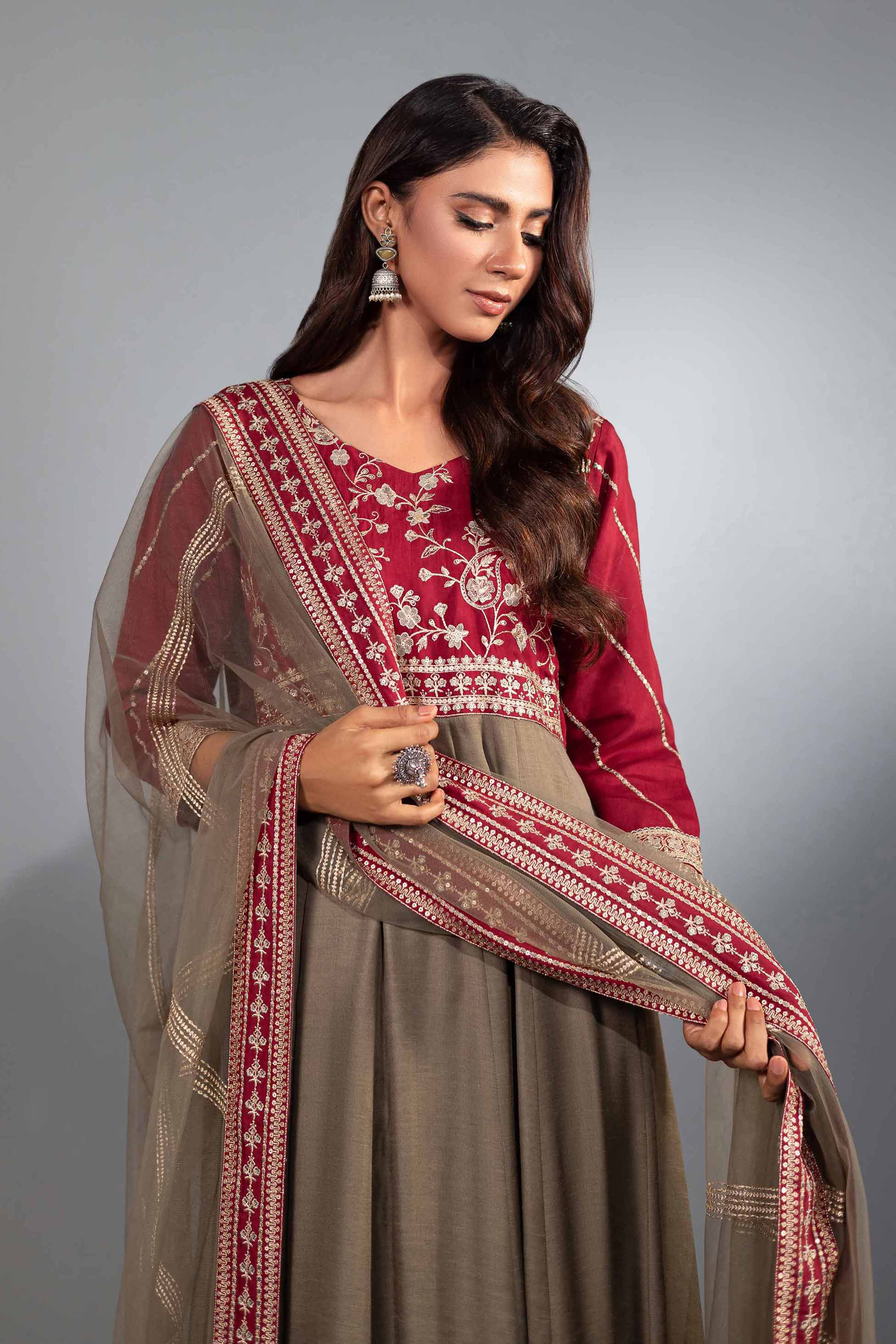 NishatUK - Brown Embroidered Silk 2-piece ready to wear Luxury Dress