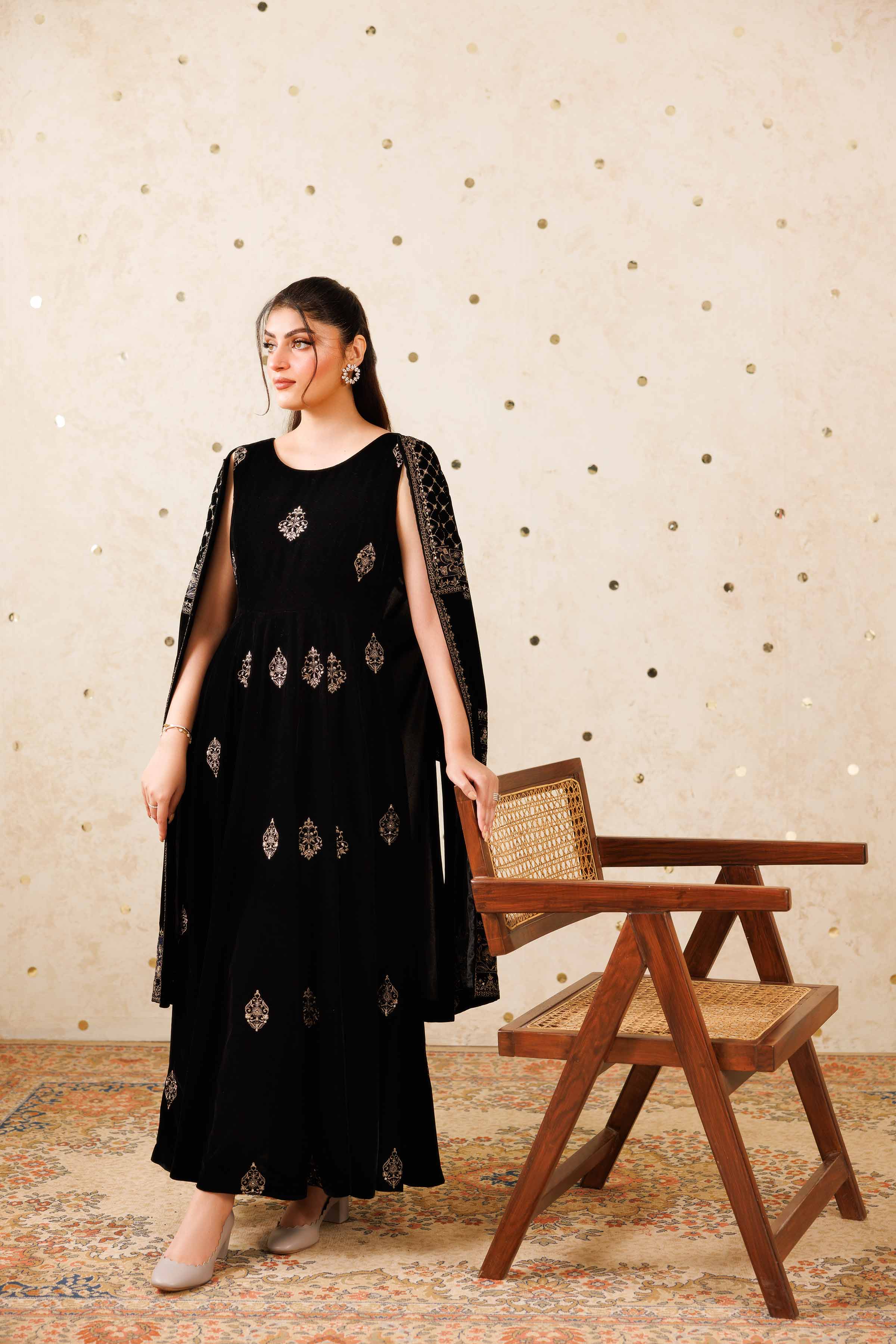 NishatUK - Black Embroidered Velvet 2-piece ready to wear Luxury Dress