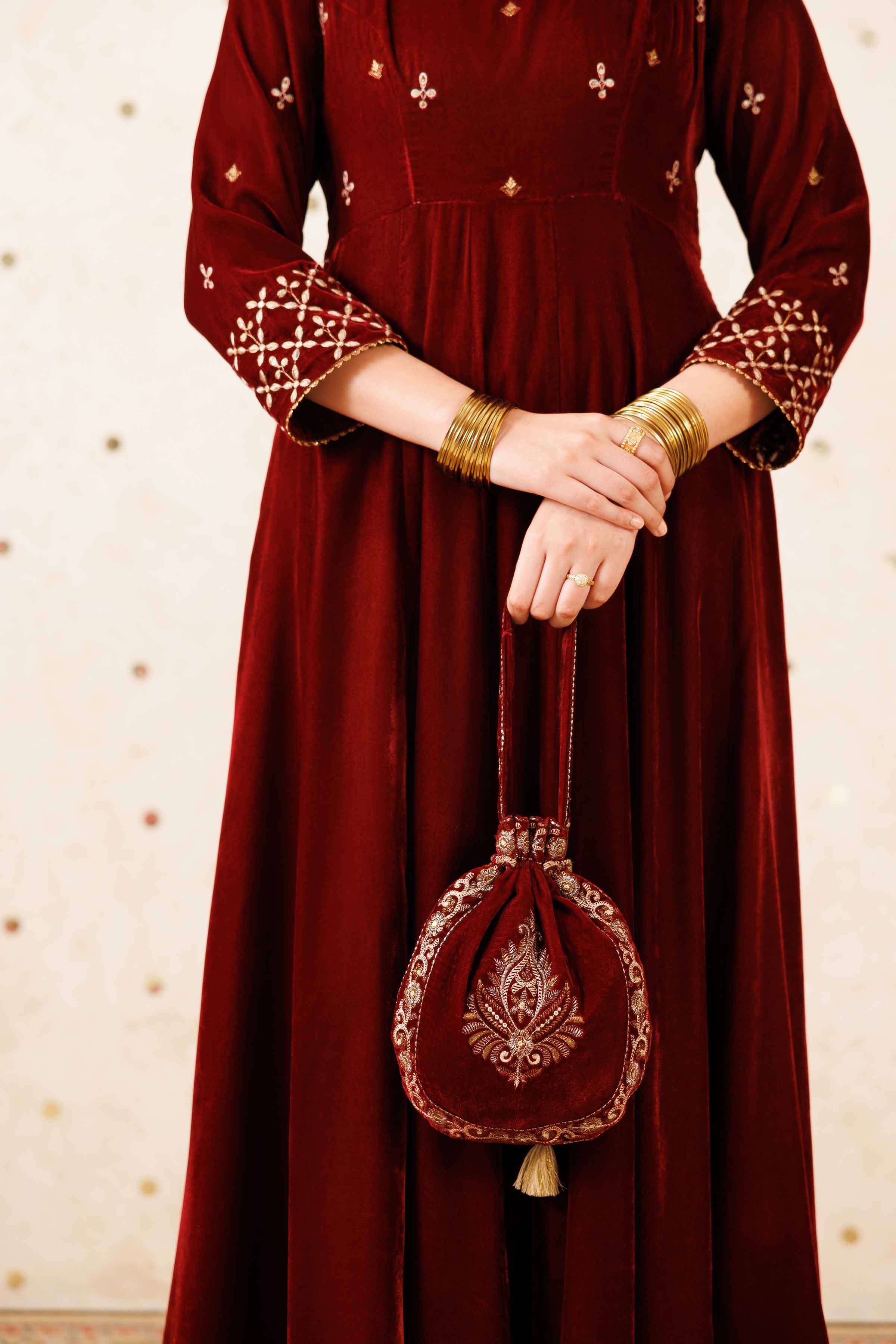 NishatUK - Maroon Embroidered Velvet 2-piece ready to wear Luxury Dress