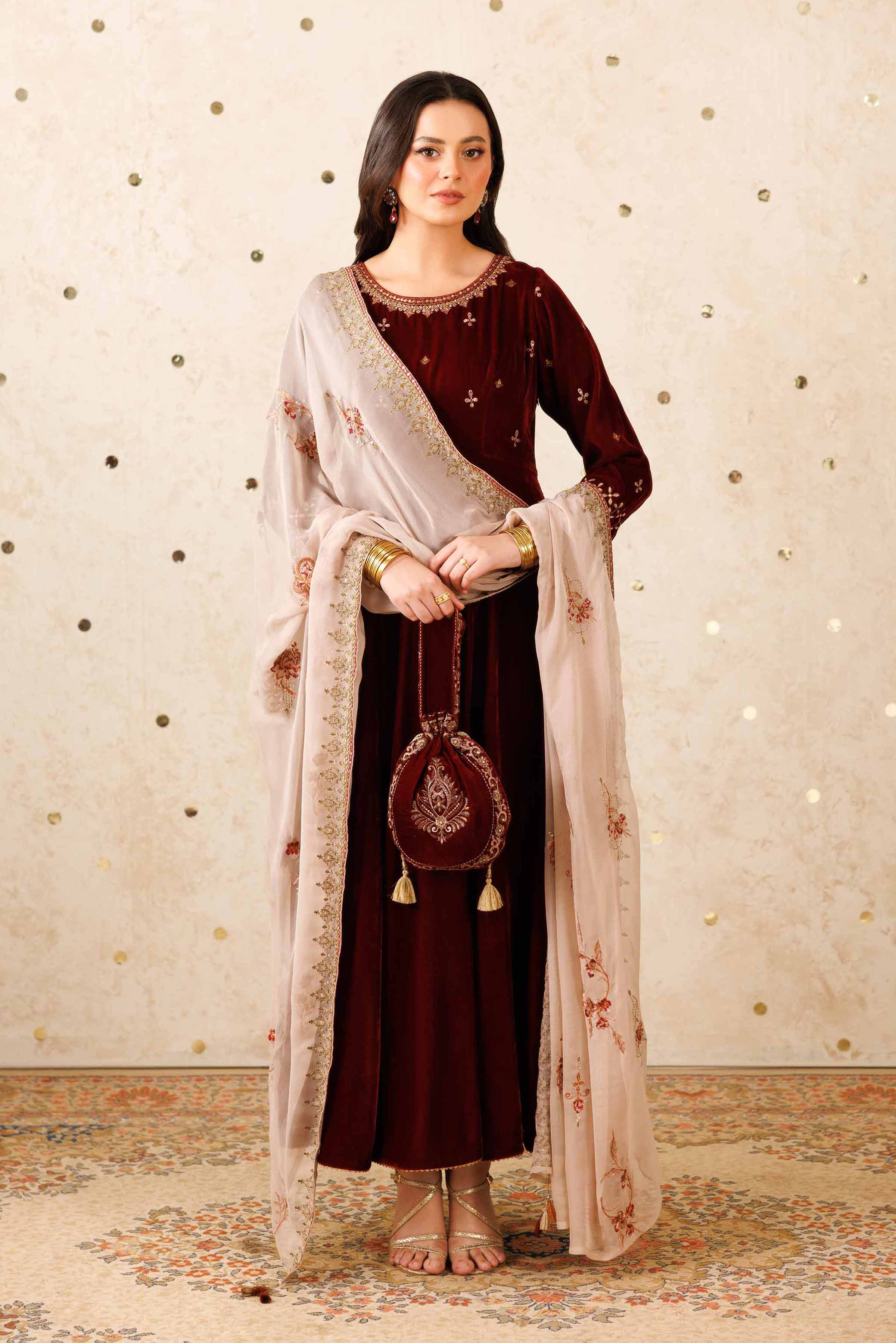 NishatUK - Maroon Embroidered Velvet 2-piece ready to wear Luxury Dress