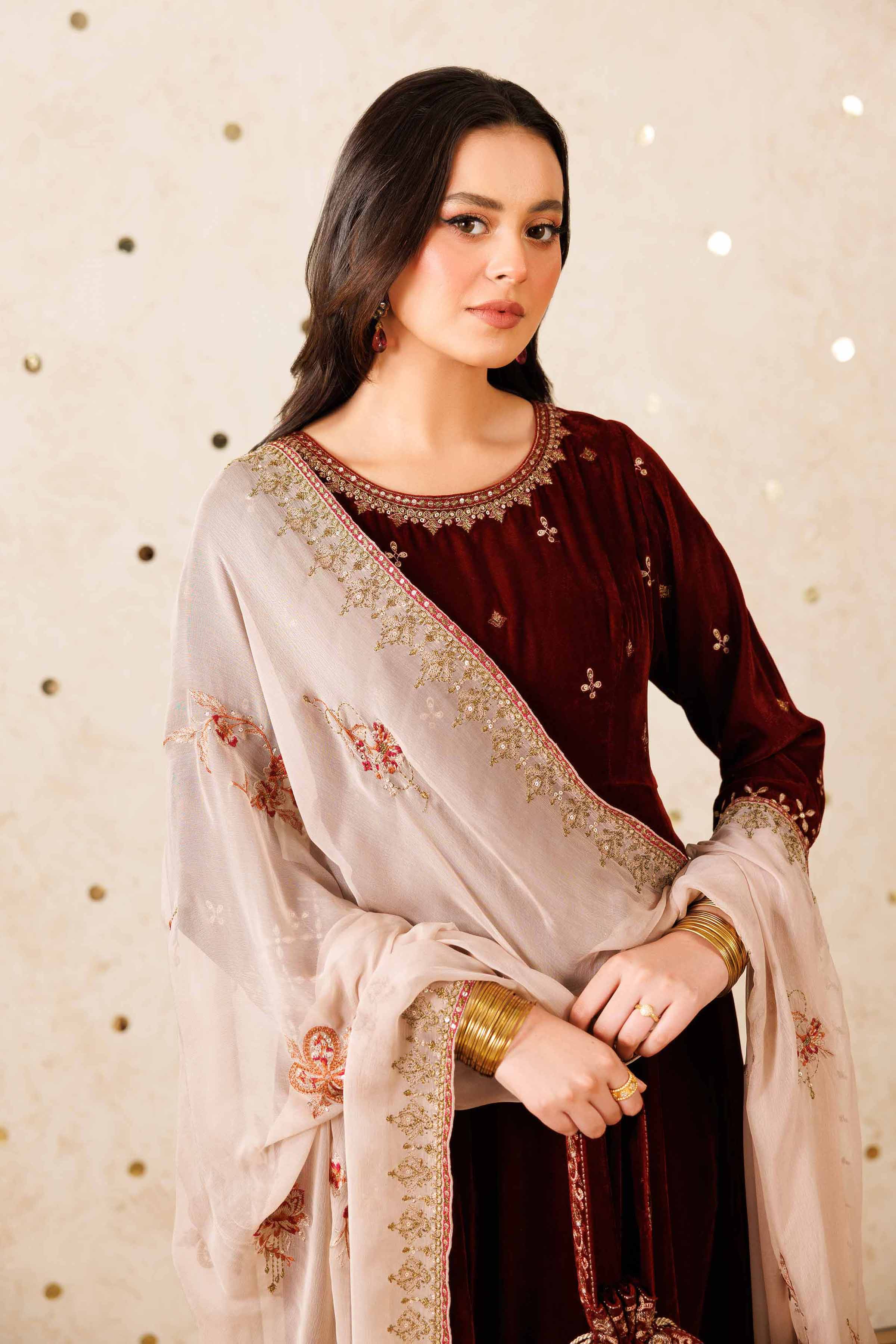 NishatUK - Maroon Embroidered Velvet 2-piece ready to wear Luxury Dress