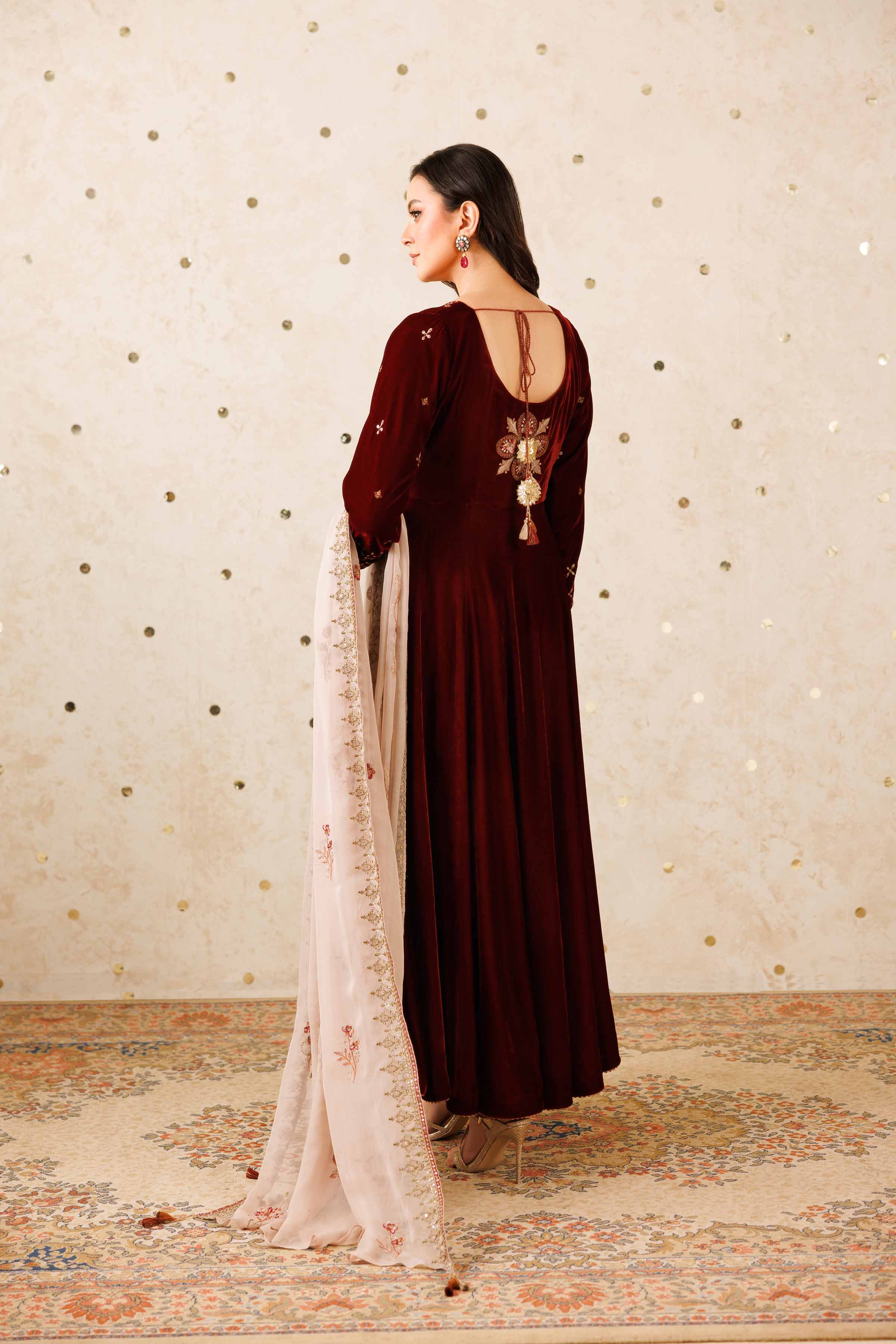 NishatUK - Maroon Embroidered Velvet 2-piece ready to wear Luxury Dress