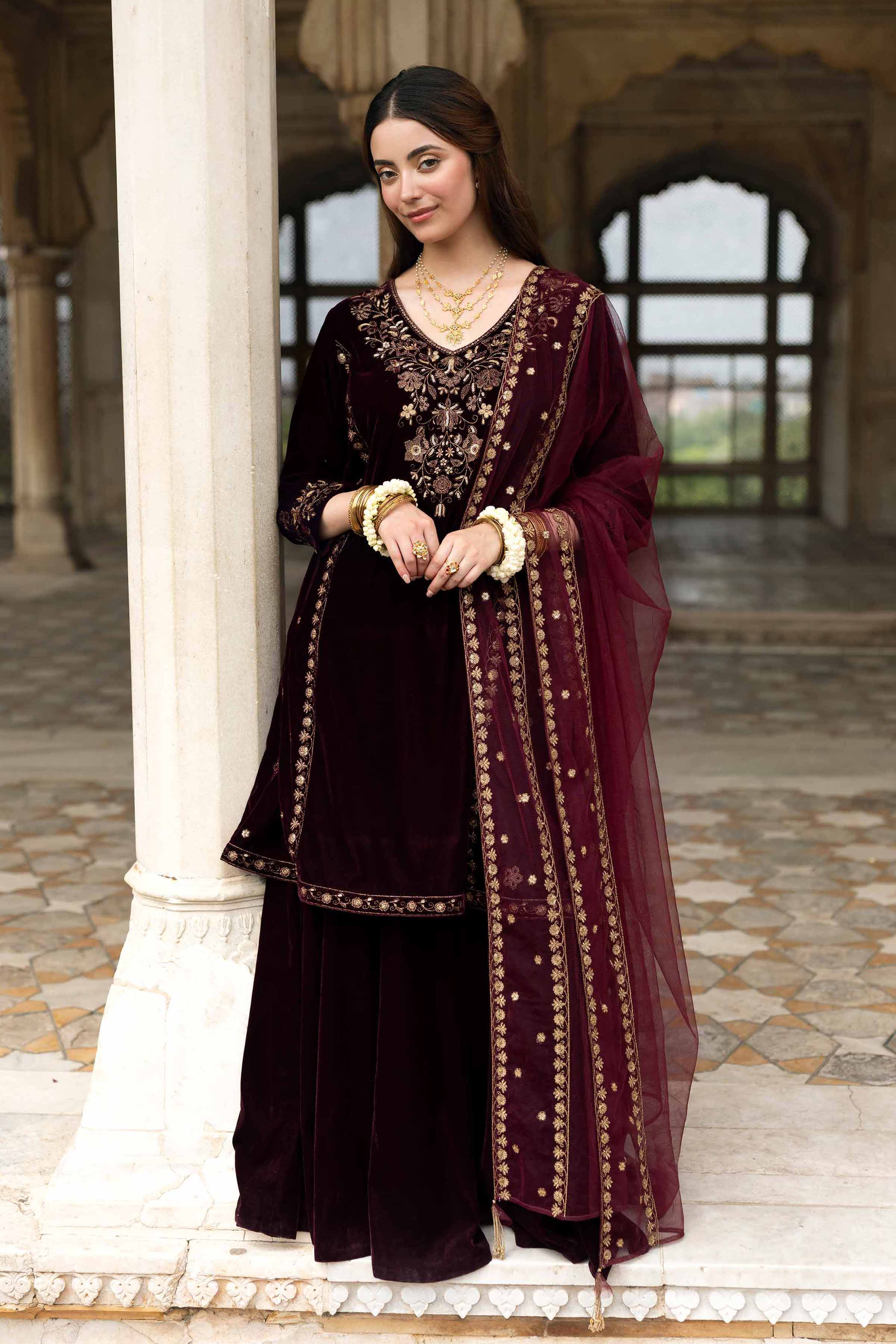 NishatUK - Plum Embroidered Velvet 3-piece ready to wear Suit