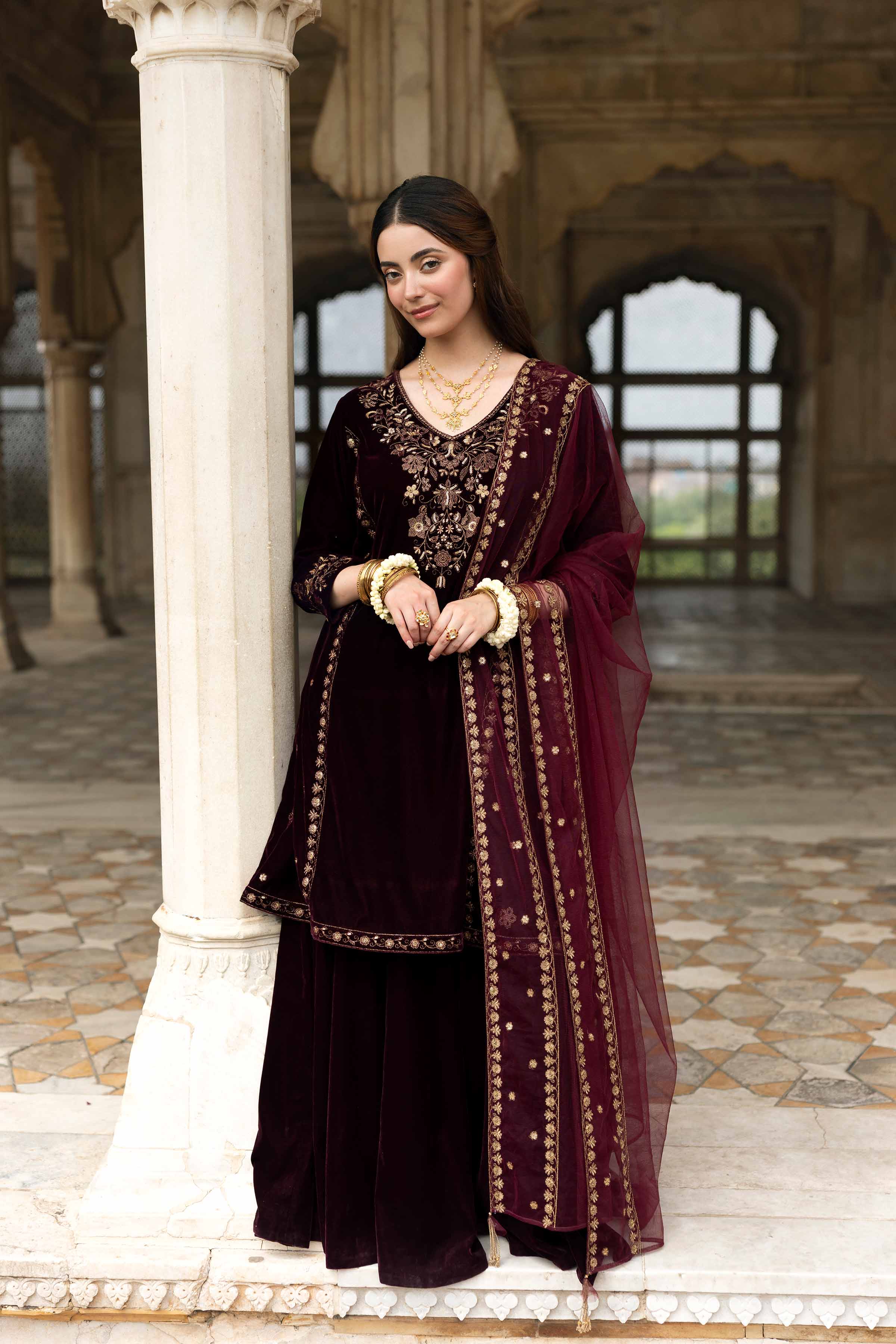 NishatUK - Plum Embroidered Velvet 3-piece ready to wear Suit