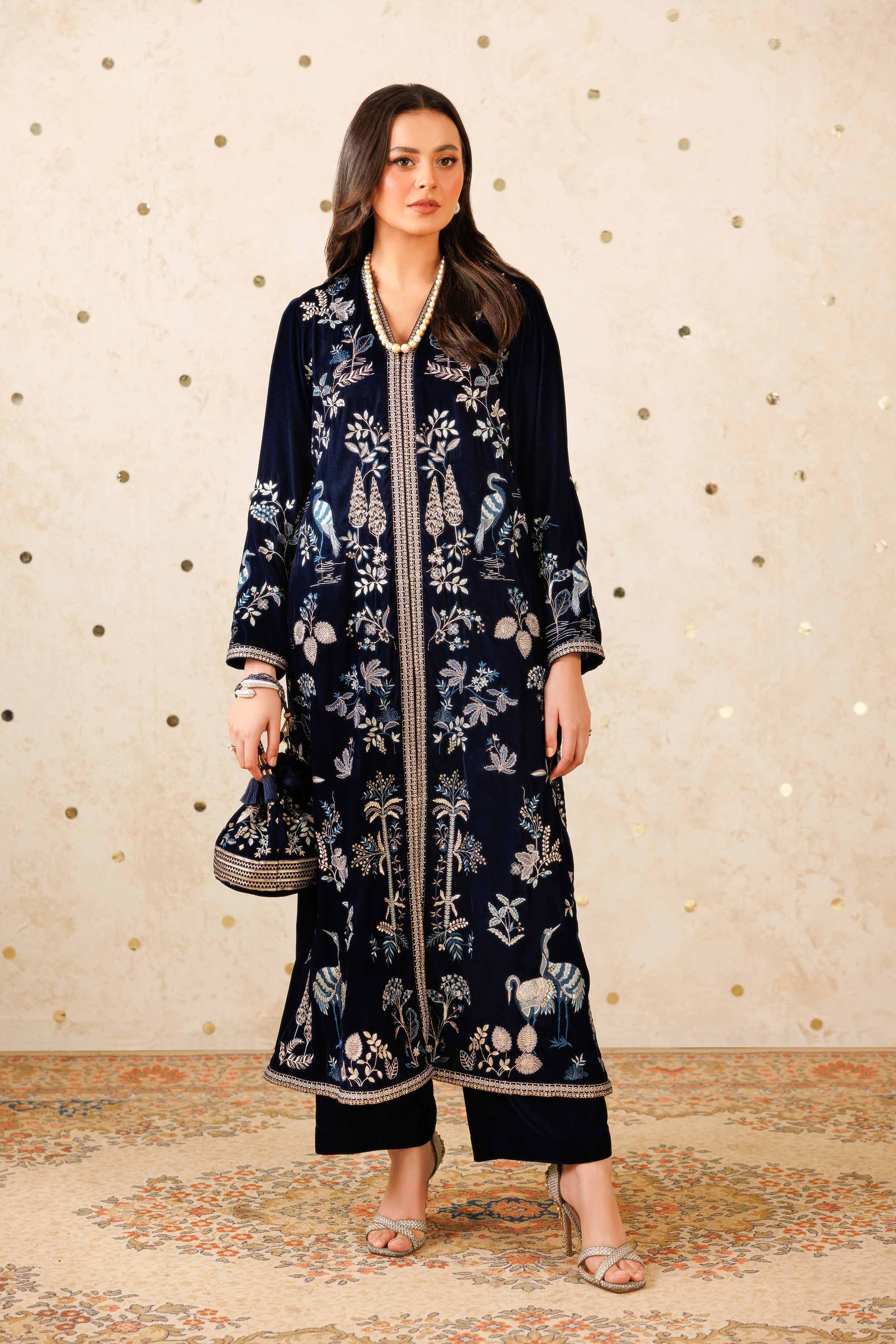 NishatUK - Blue Embroidered Velvet 2-piece ready to wear Luxury Dress
