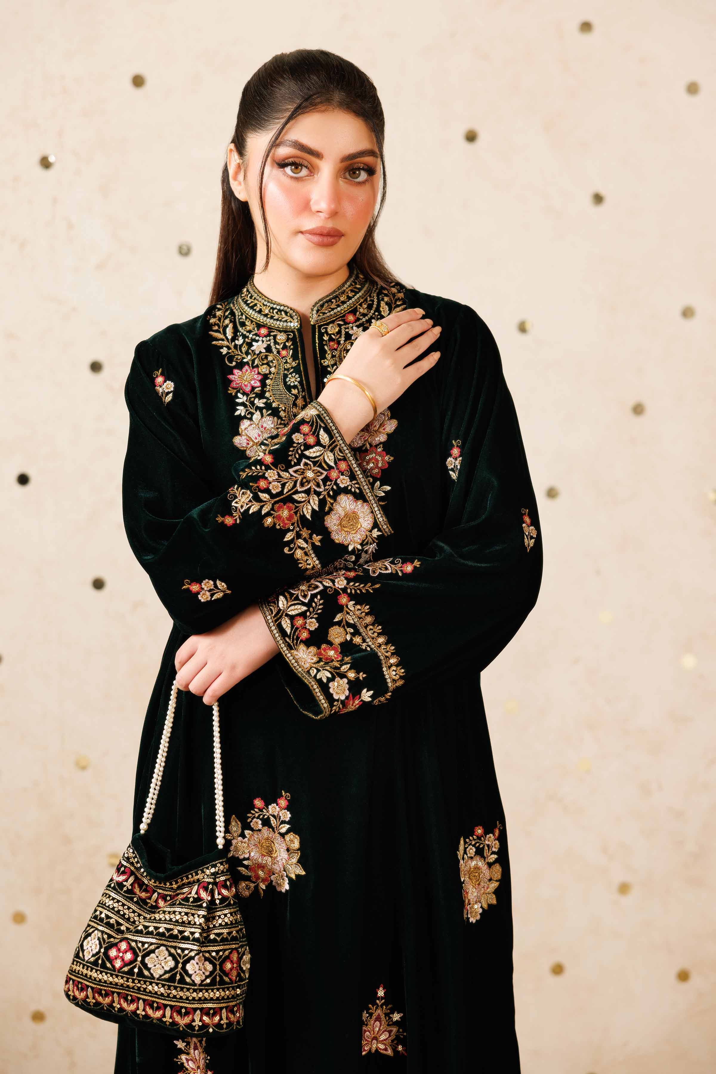 NishatUK - Green Embroidered Velvet 2-piece ready to wear Luxury Dress