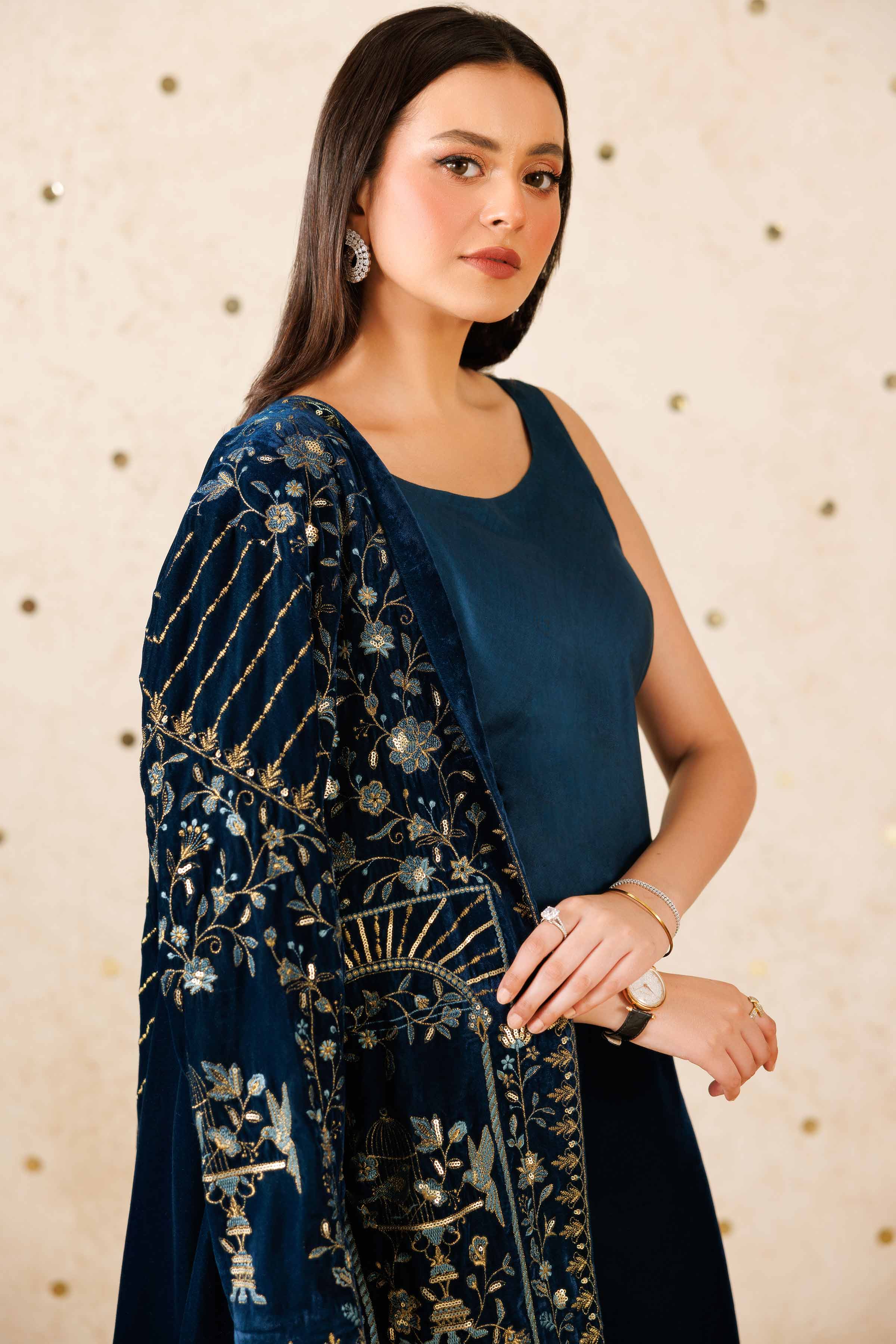 NishatUK - Teal Embroidered Velvet 3-piece ready to wear Suit
