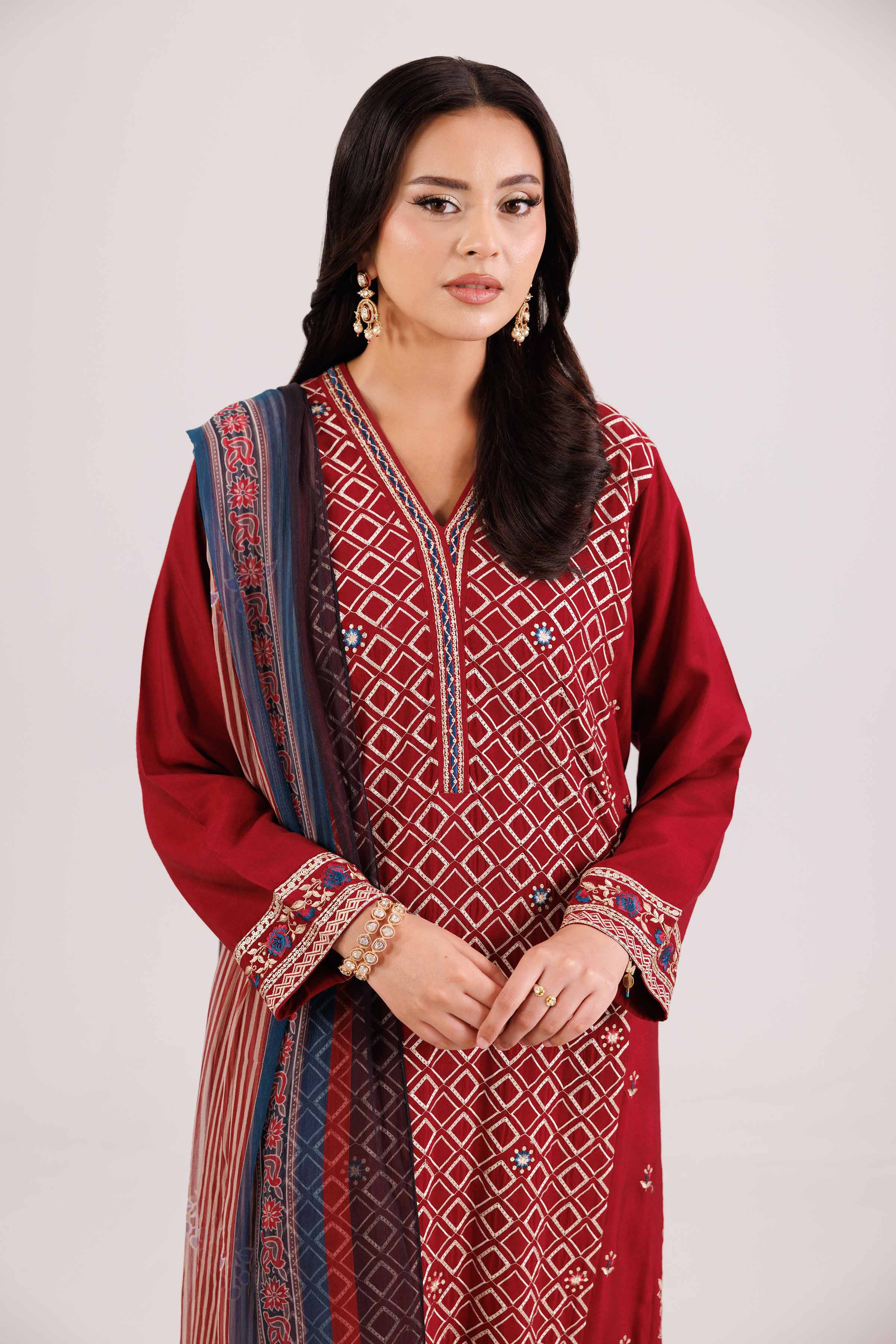 NishatUK - Red Embroidered Karandi 3-piece ready to wear-luxury Suit
