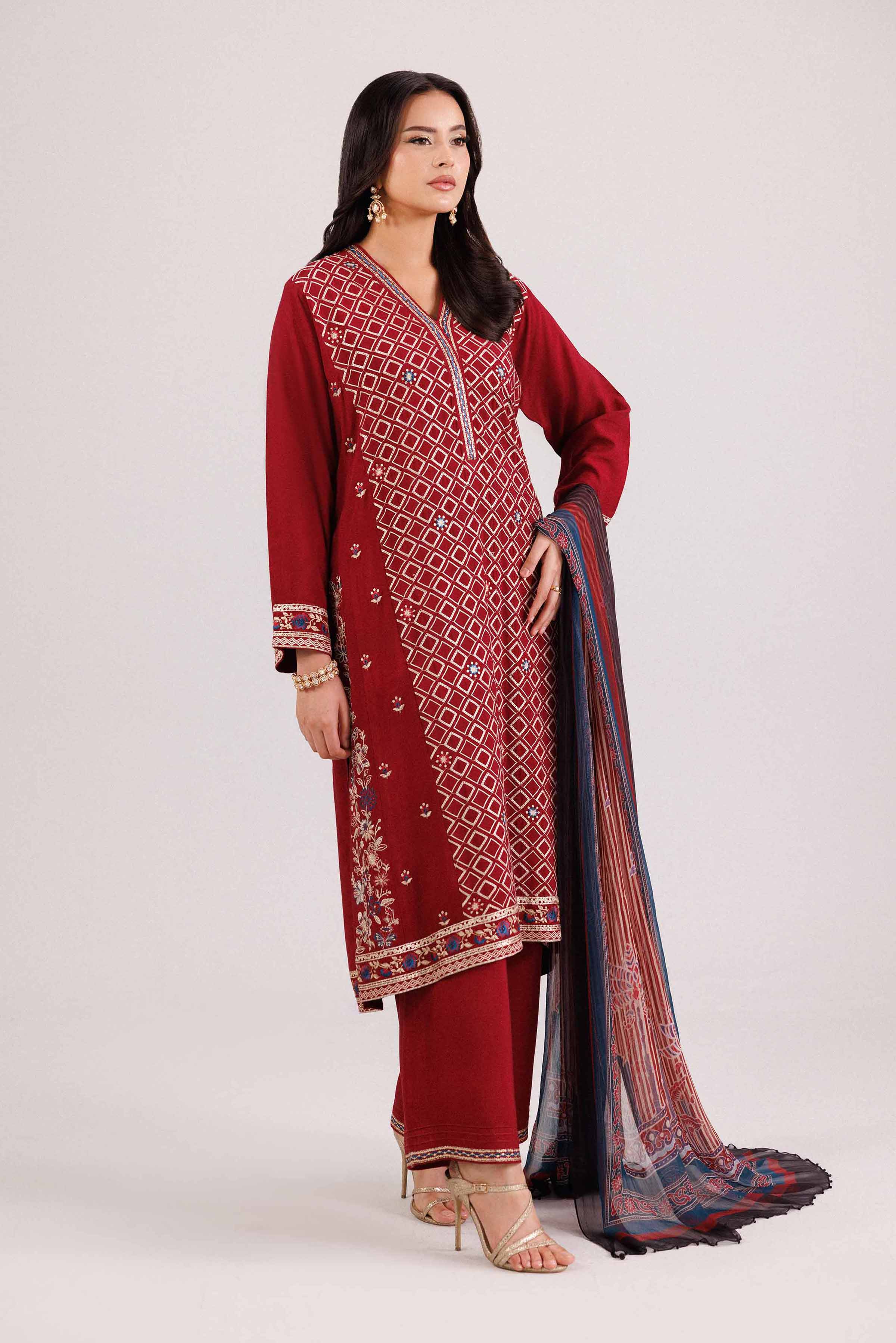 NishatUK - Red Embroidered Karandi 3-piece ready to wear-luxury Suit