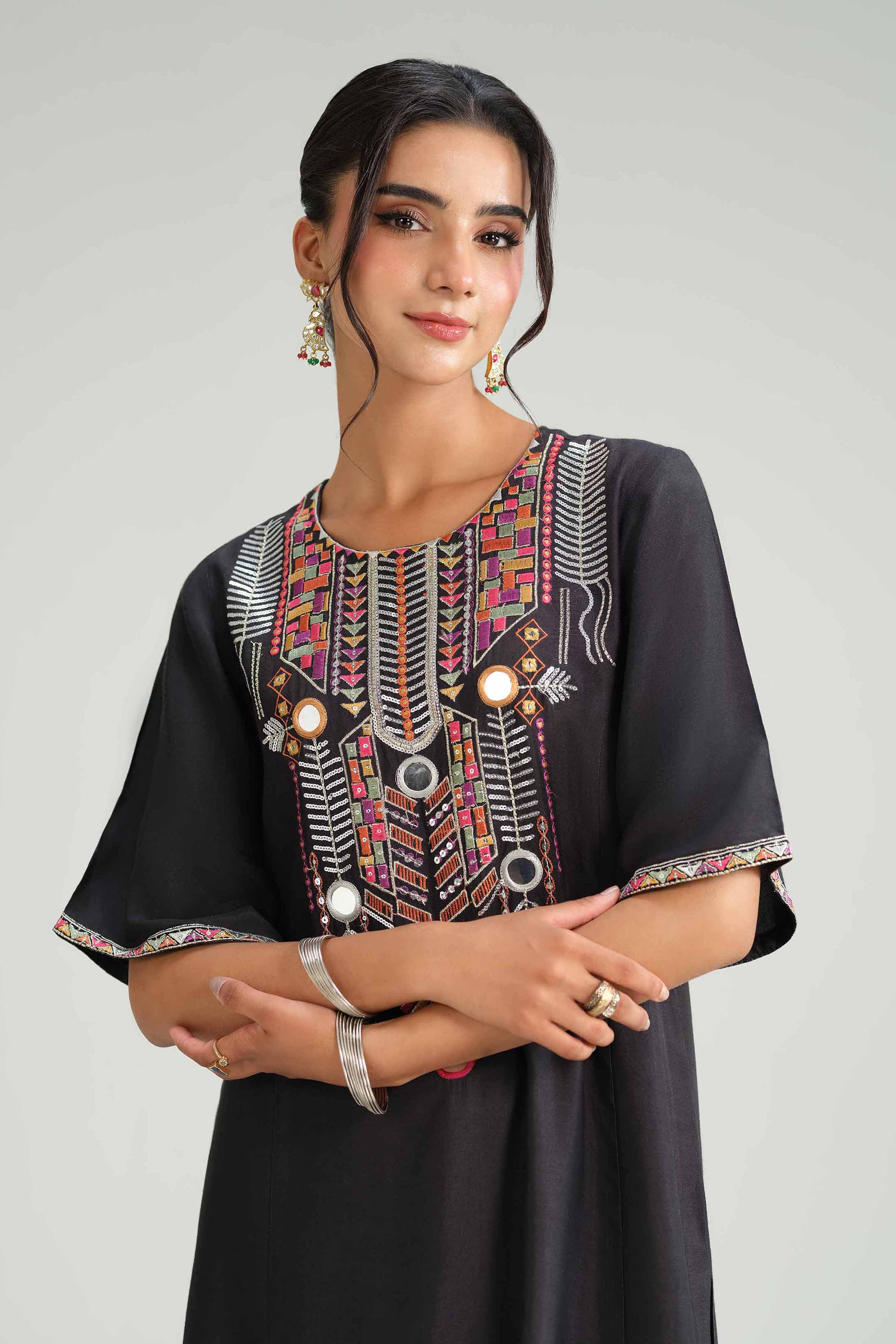 NishatUK - Black Embroidered Silk 2-piece ready to wear-luxury Dress