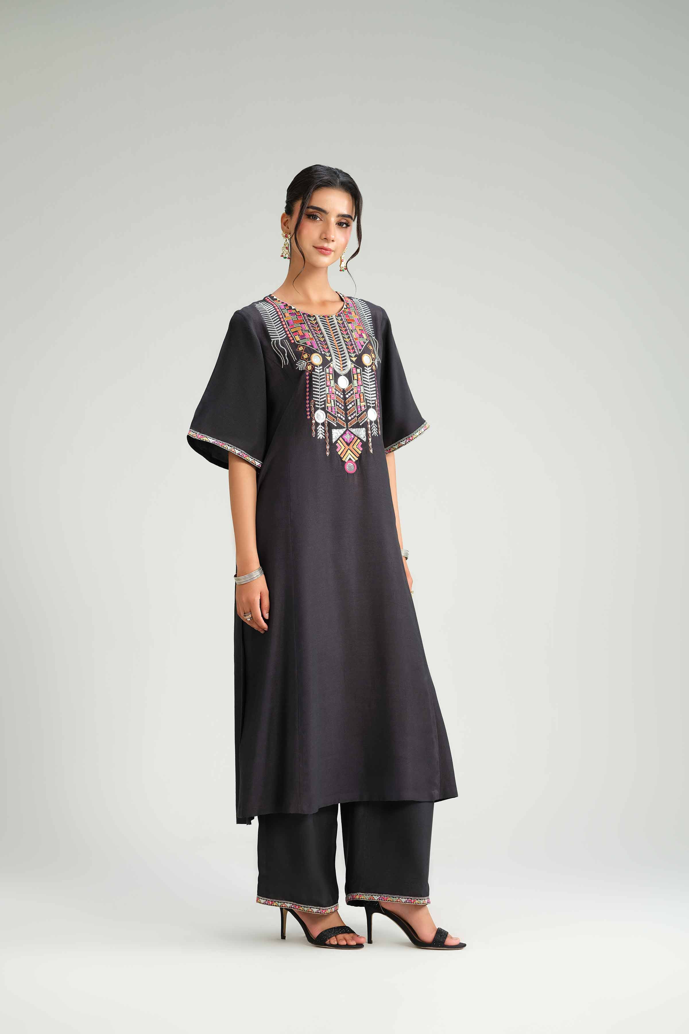 NishatUK - Black Embroidered Silk 2-piece ready to wear-luxury Dress