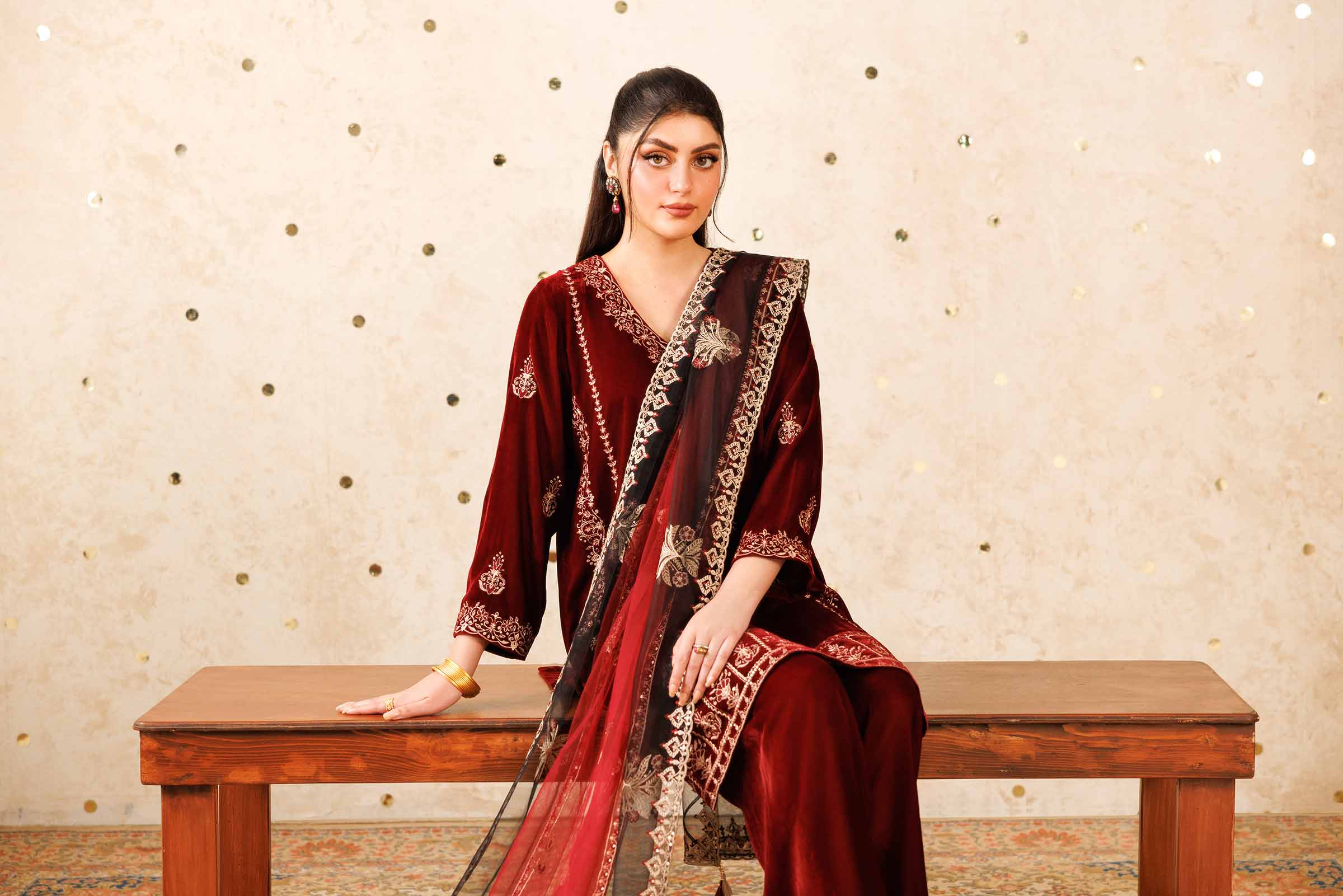 NishatUK - Red Embroidered Velvet 3-piece ready to wear Suit