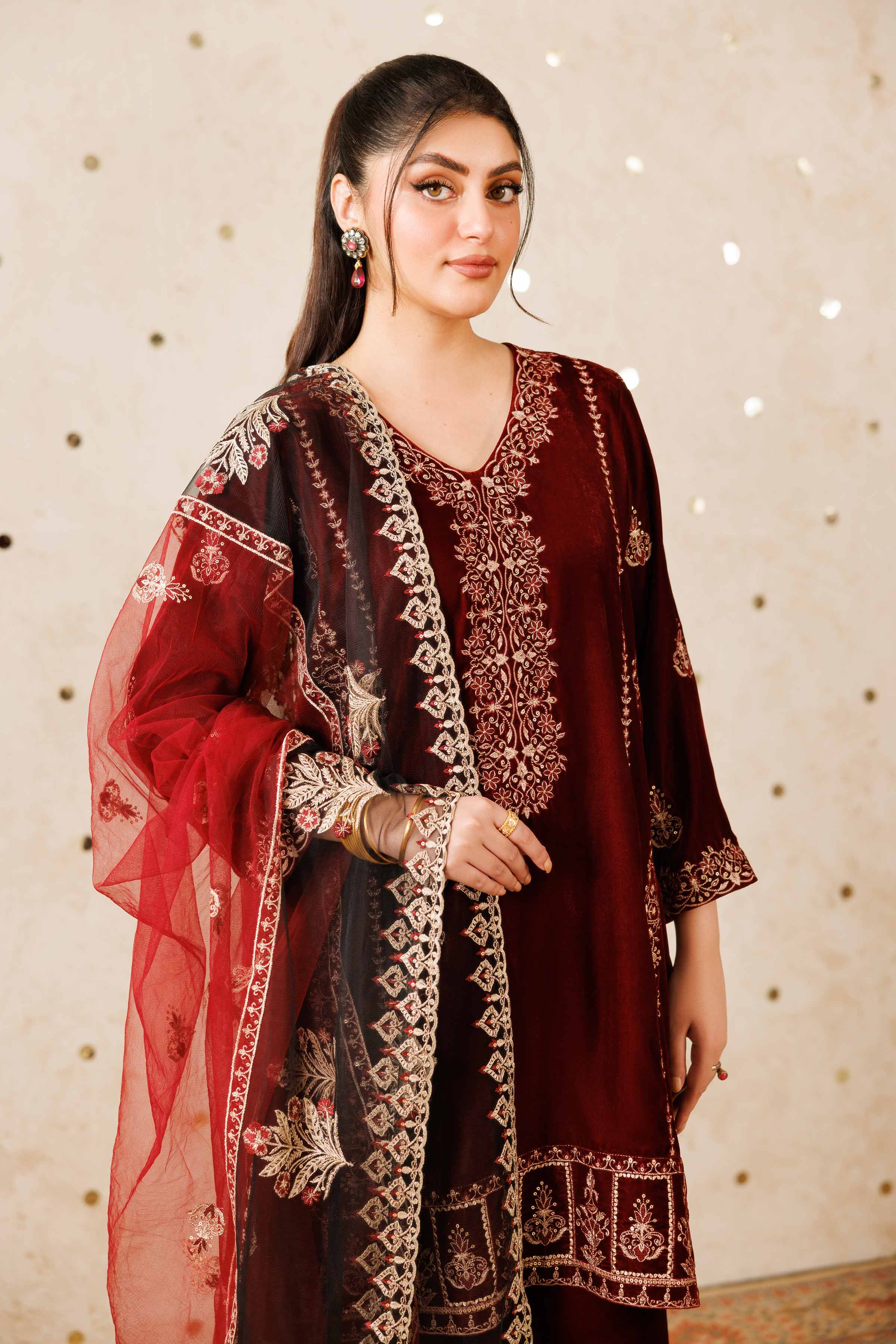 NishatUK - Red Embroidered Velvet 3-piece ready to wear Suit