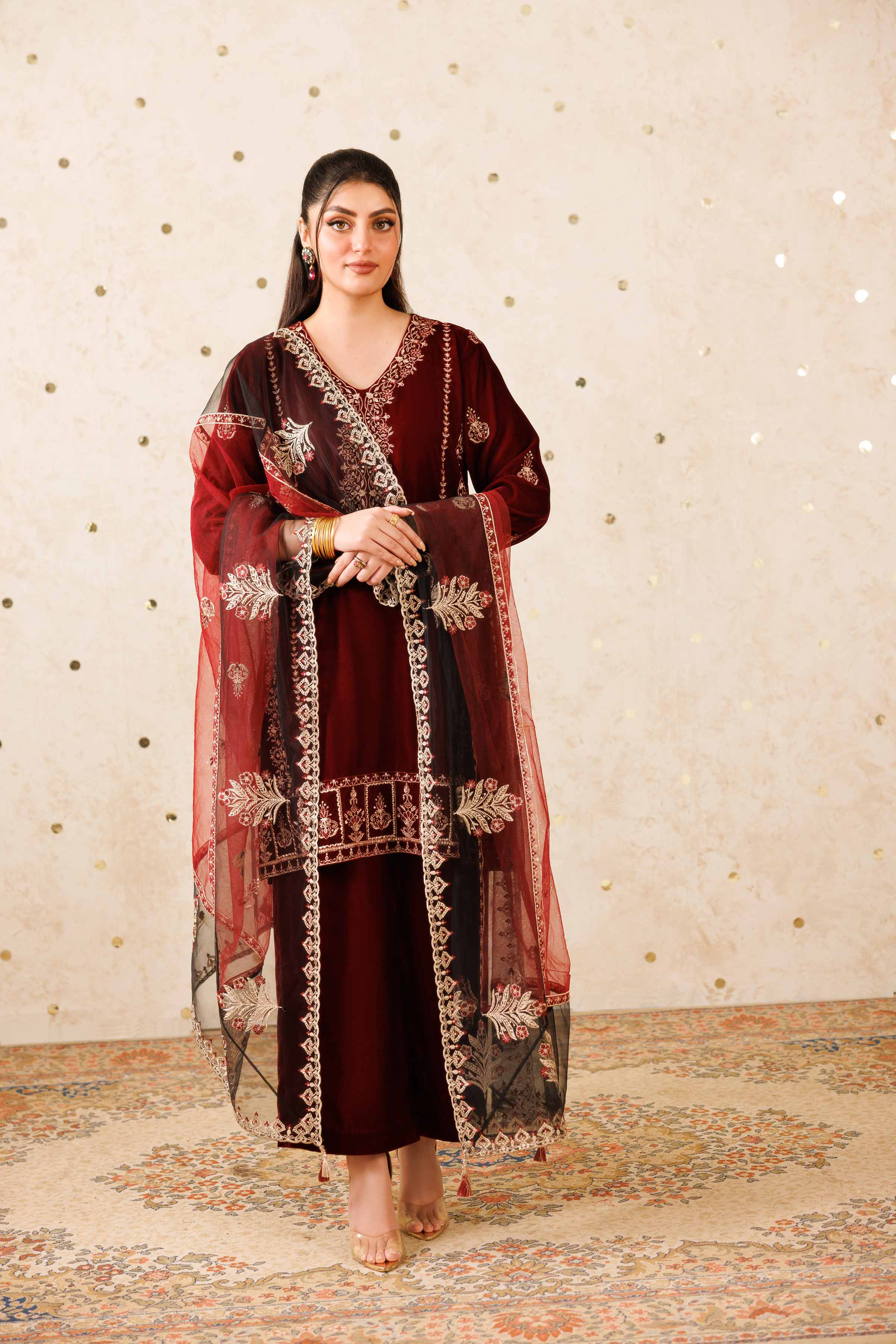 NishatUK - Red Embroidered Velvet 3-piece ready to wear Suit