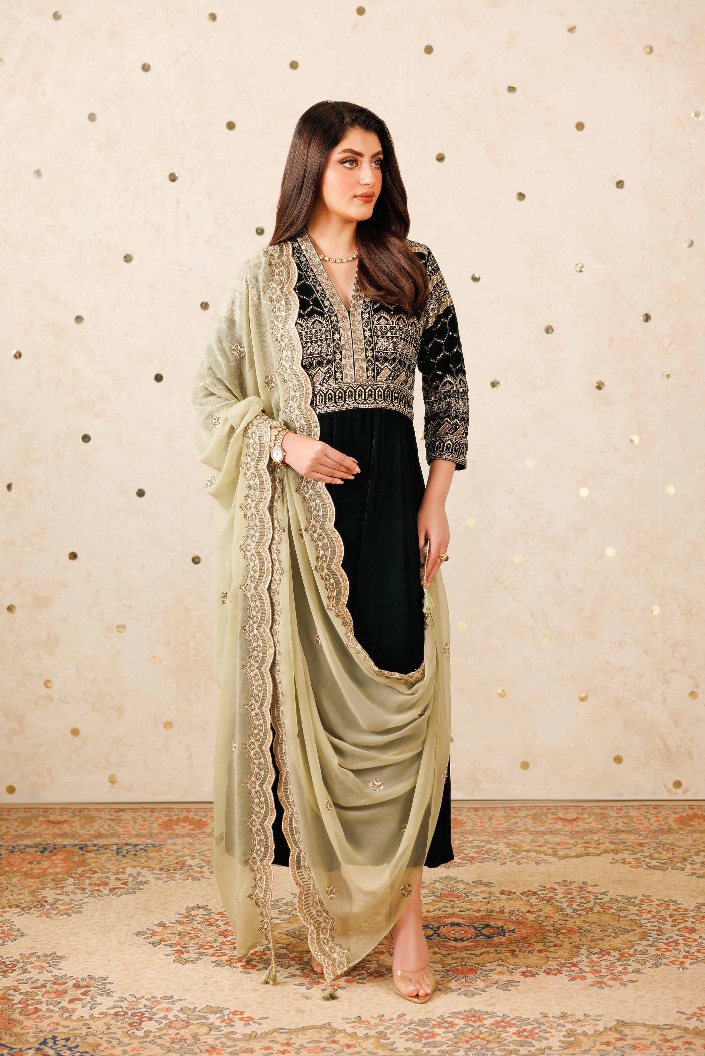 NishatUK - Green Embroidered Velvet 2-piece ready to wear Luxury Dress