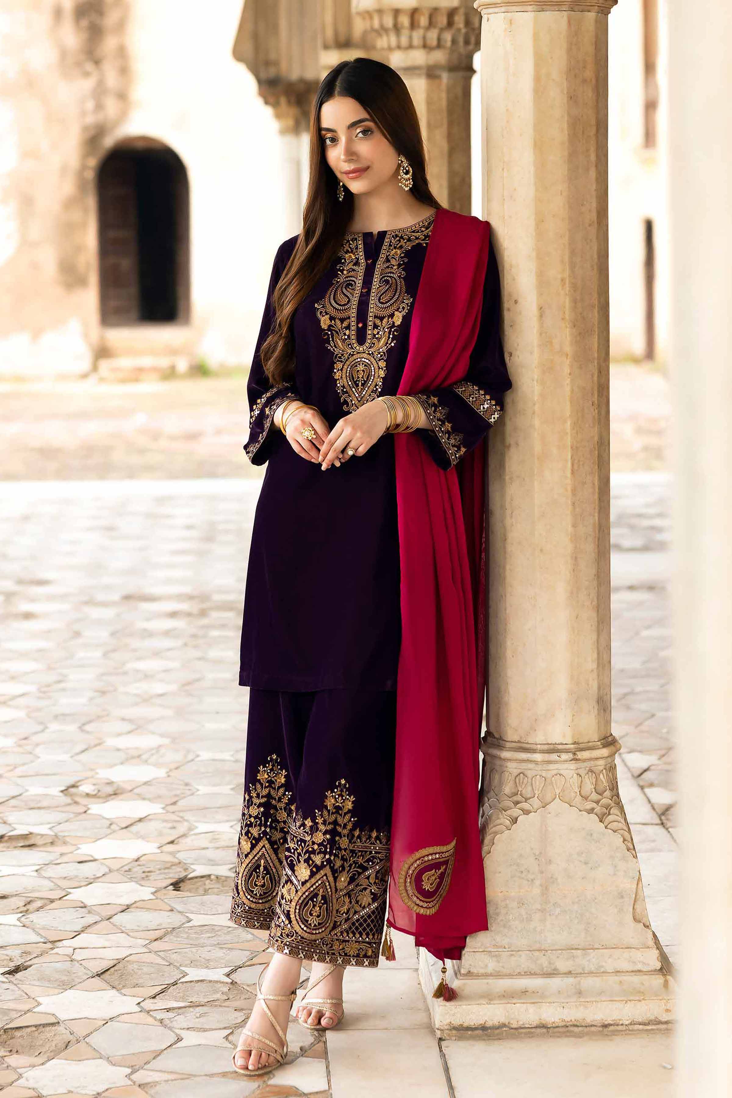 NishatUK - Purple Embroidered Velvet 3-piece ready to wear Suit