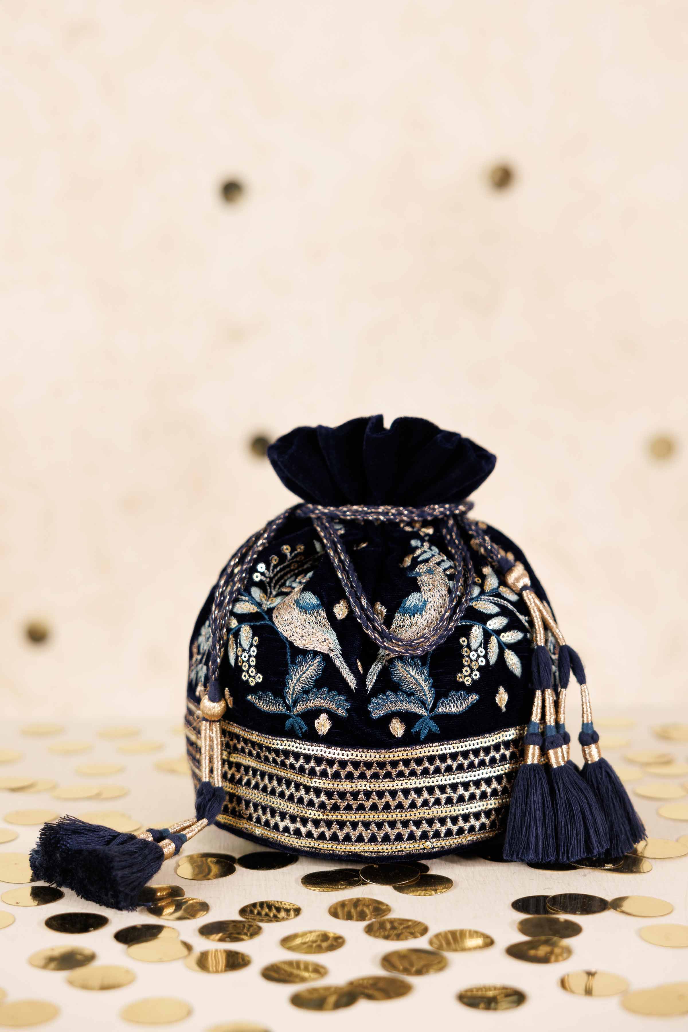 NishatUK - Blue Embroidered Velvet ready to wear Pouch