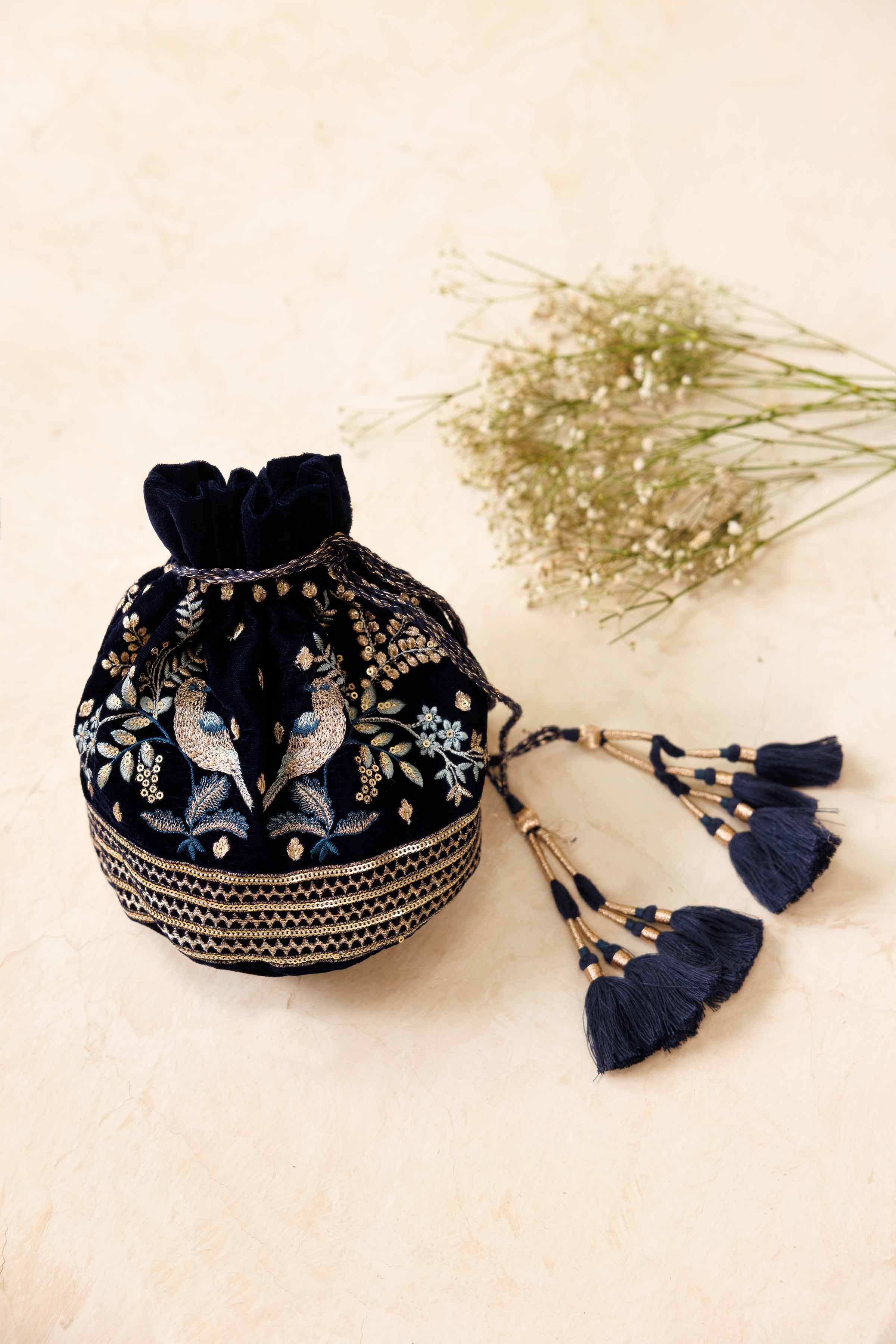 NishatUK - Blue Embroidered Velvet ready to wear Pouch