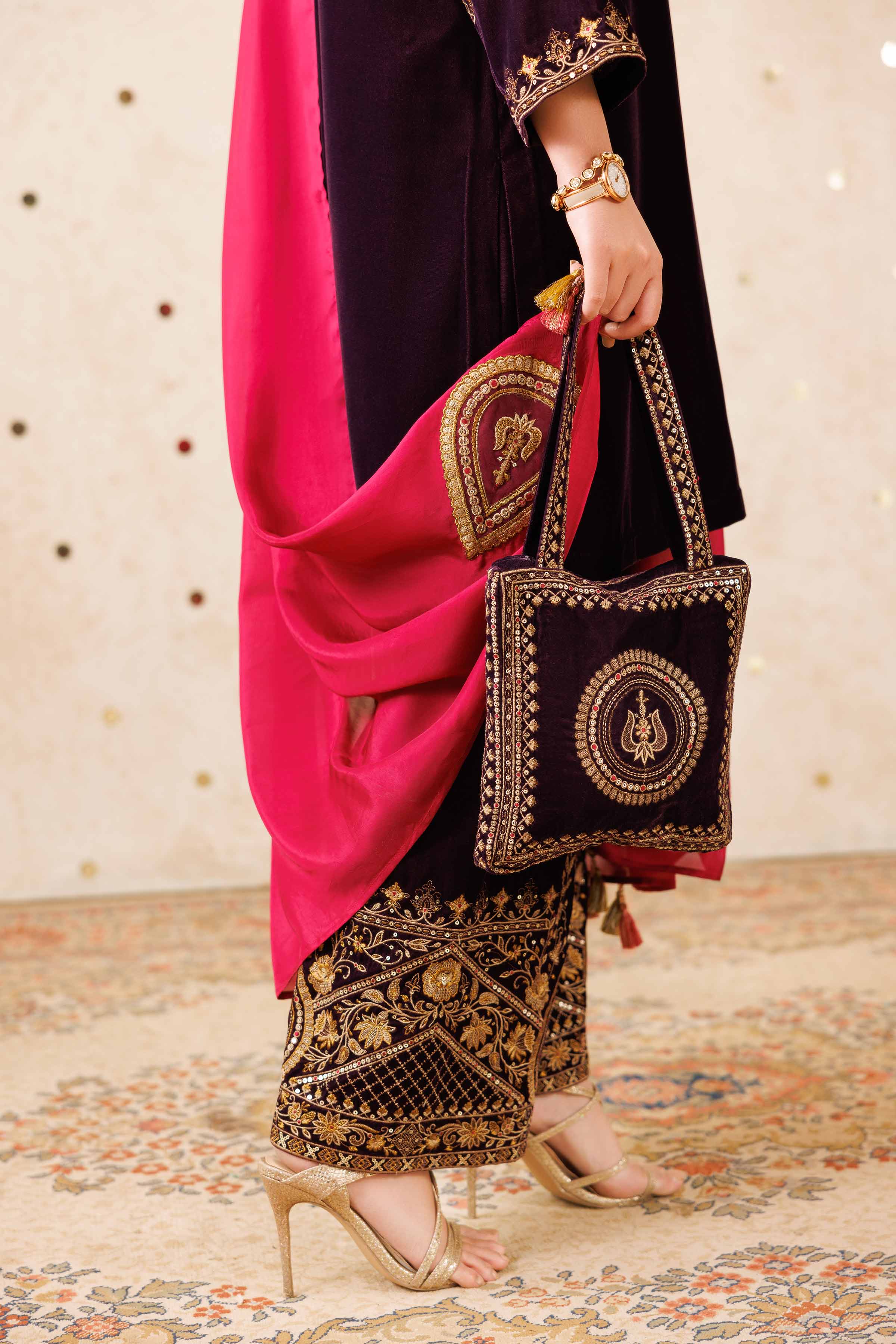 NishatUK - Purple Embroidered Velvet ready to wear Pouch