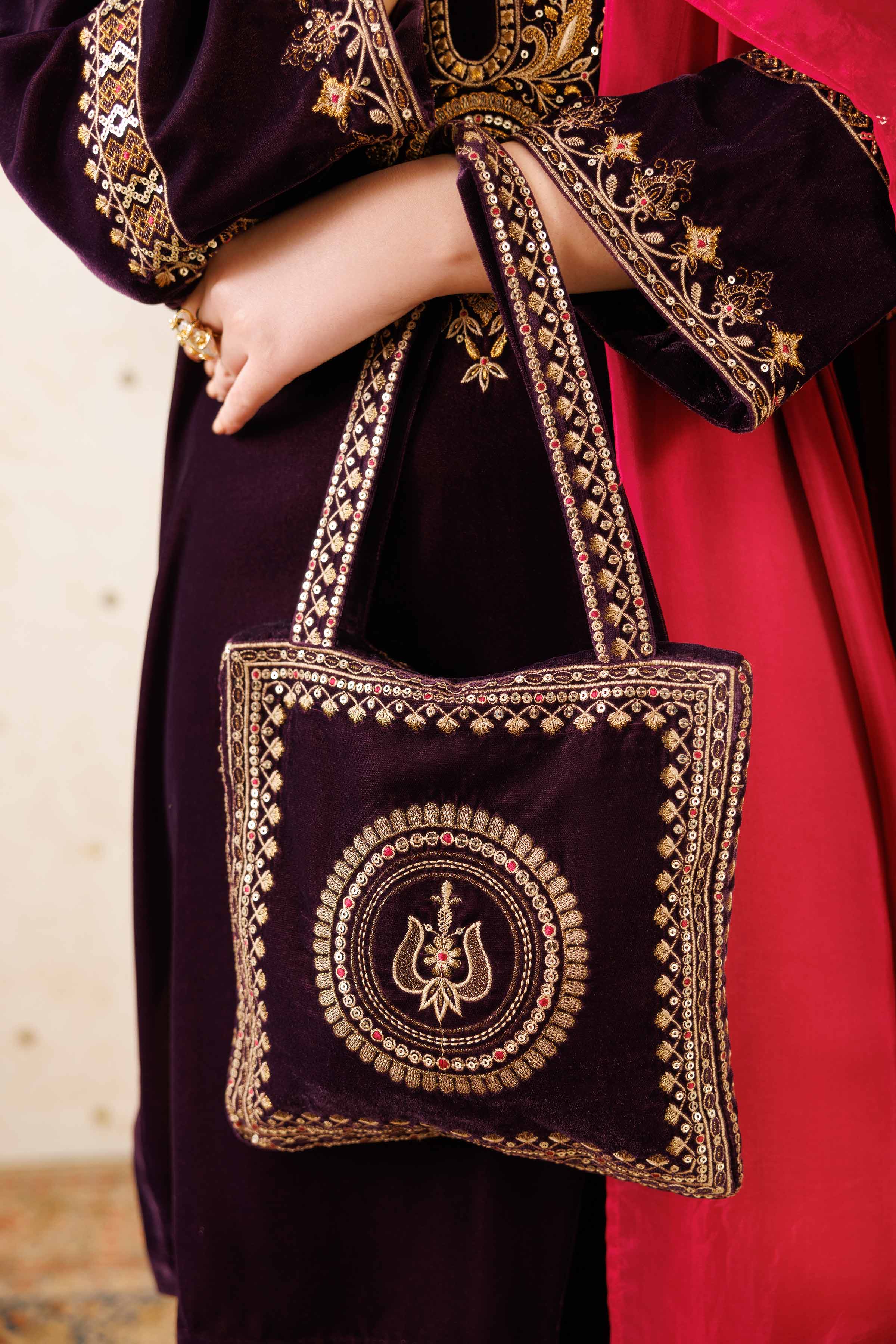 NishatUK - Purple Embroidered Velvet ready to wear Pouch
