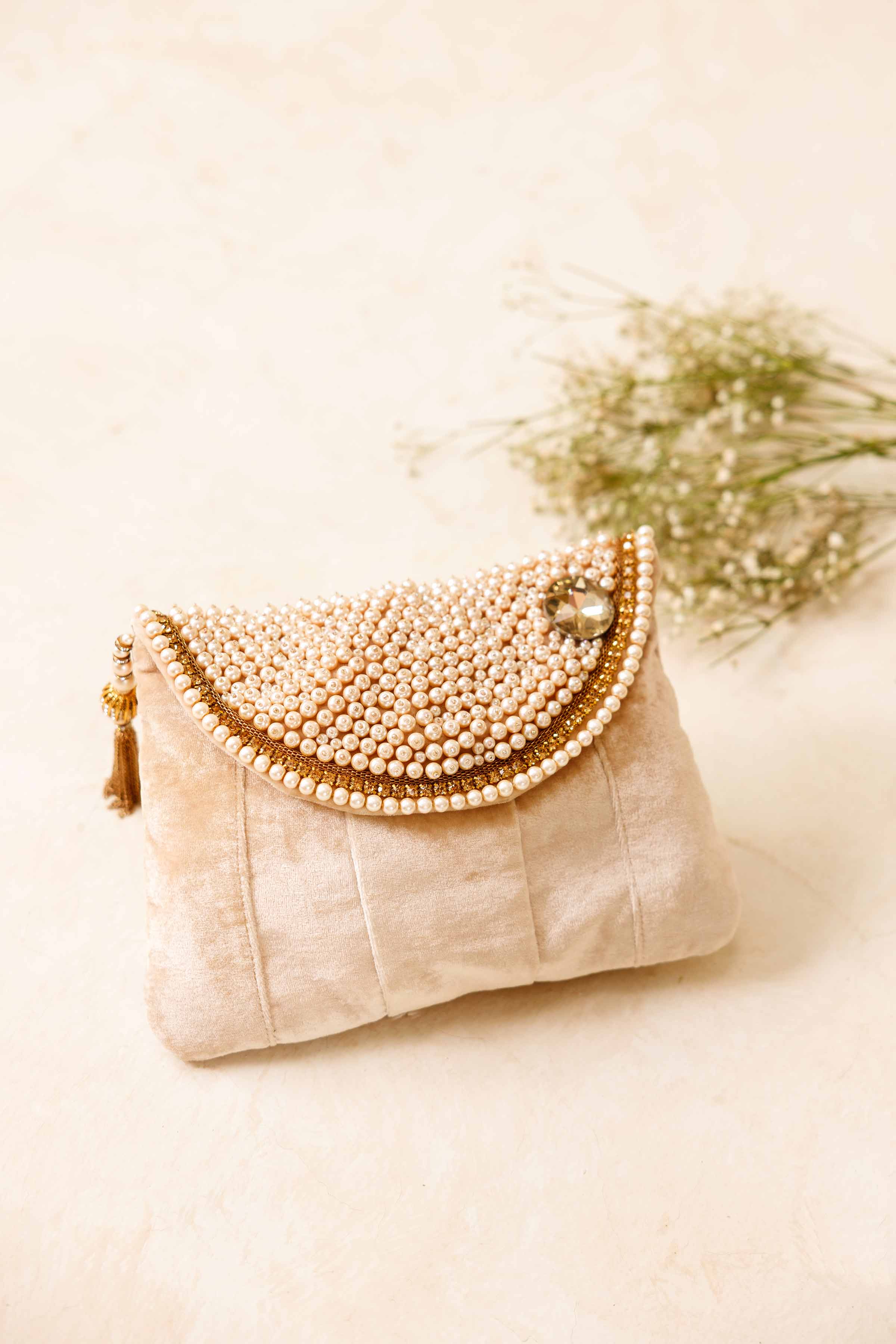 NishatUK - Beige Embroidered Velvet ready to wear Pouch