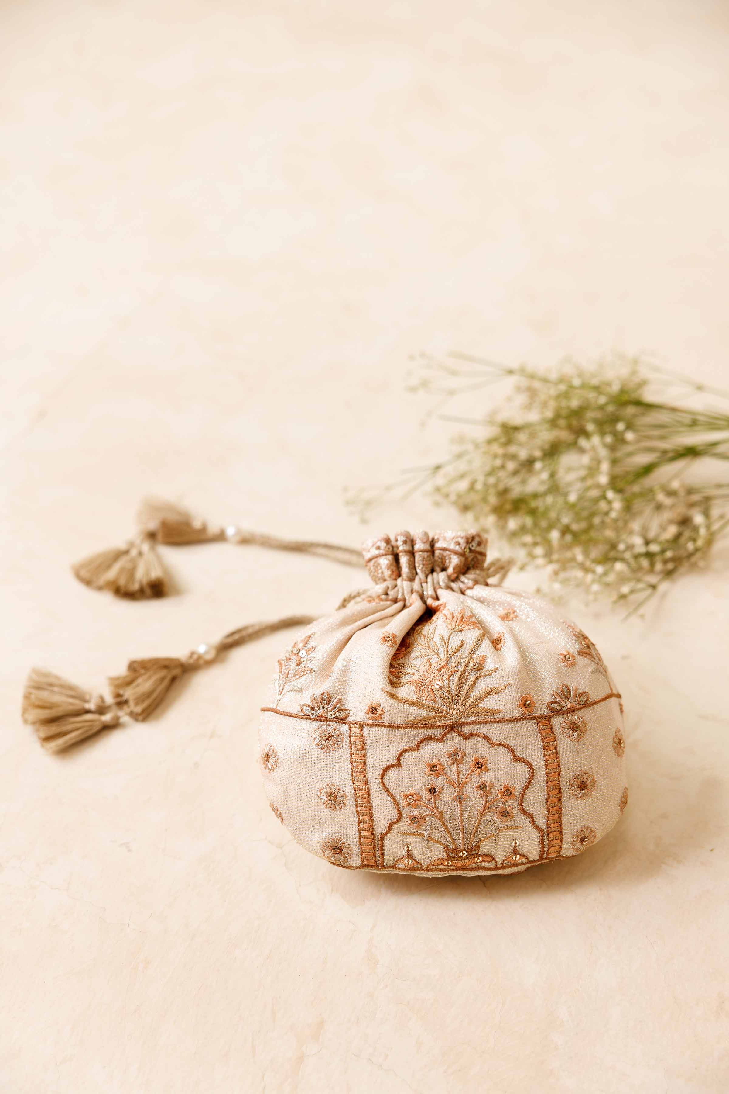 NishatUK - Beige Embroidered Silk ready to wear Pouch