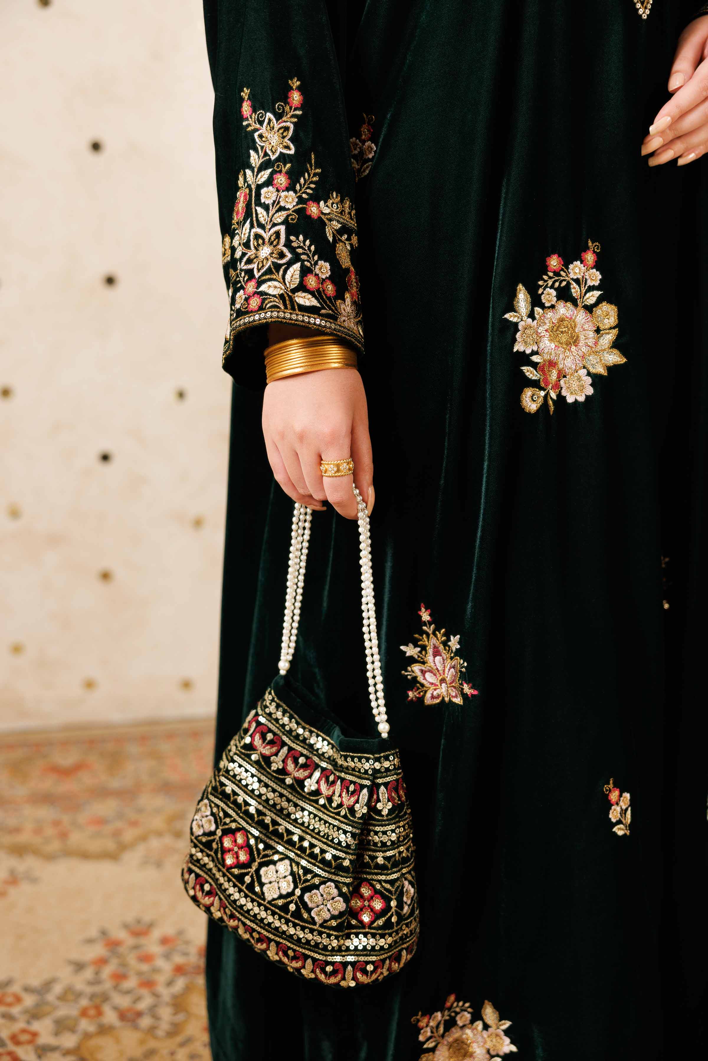 NishatUK - Green Embroidered Velvet ready to wear Pouch