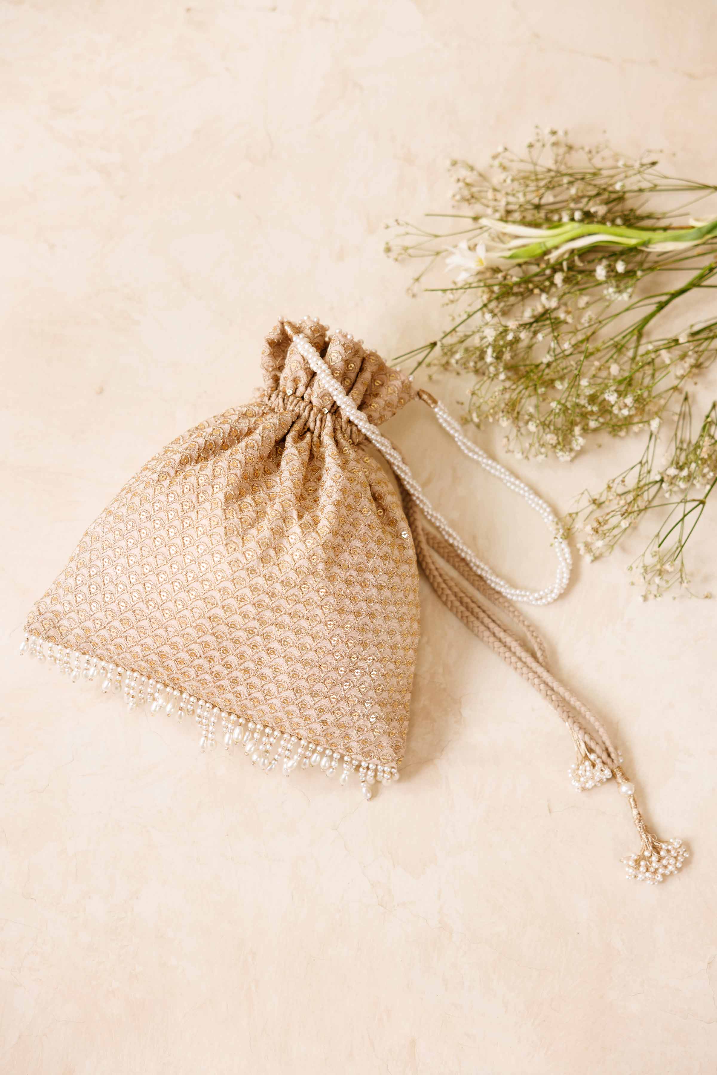 NishatUK - Beige Embroidered Silk ready to wear Pouch