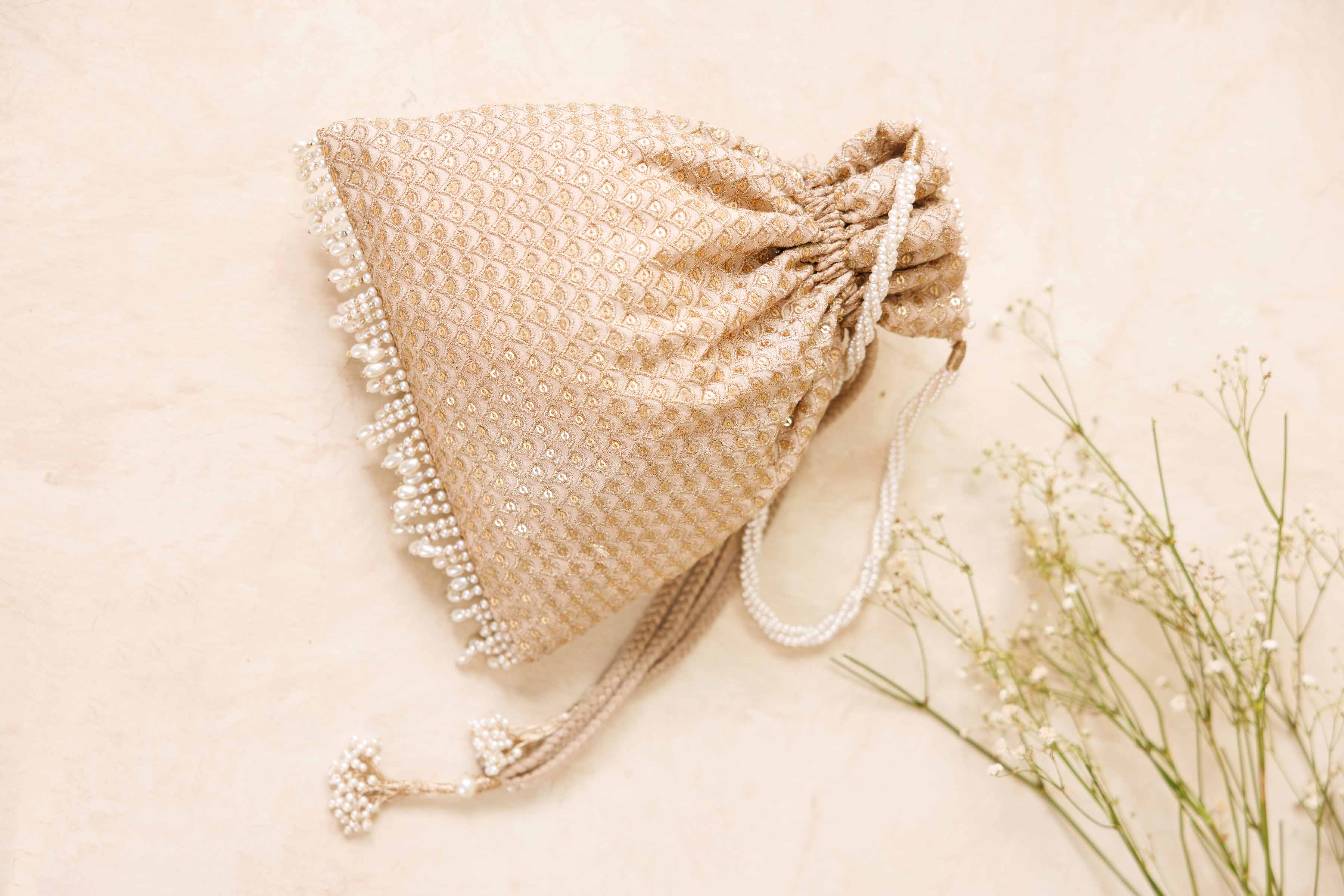 NishatUK - Beige Embroidered Silk ready to wear Pouch