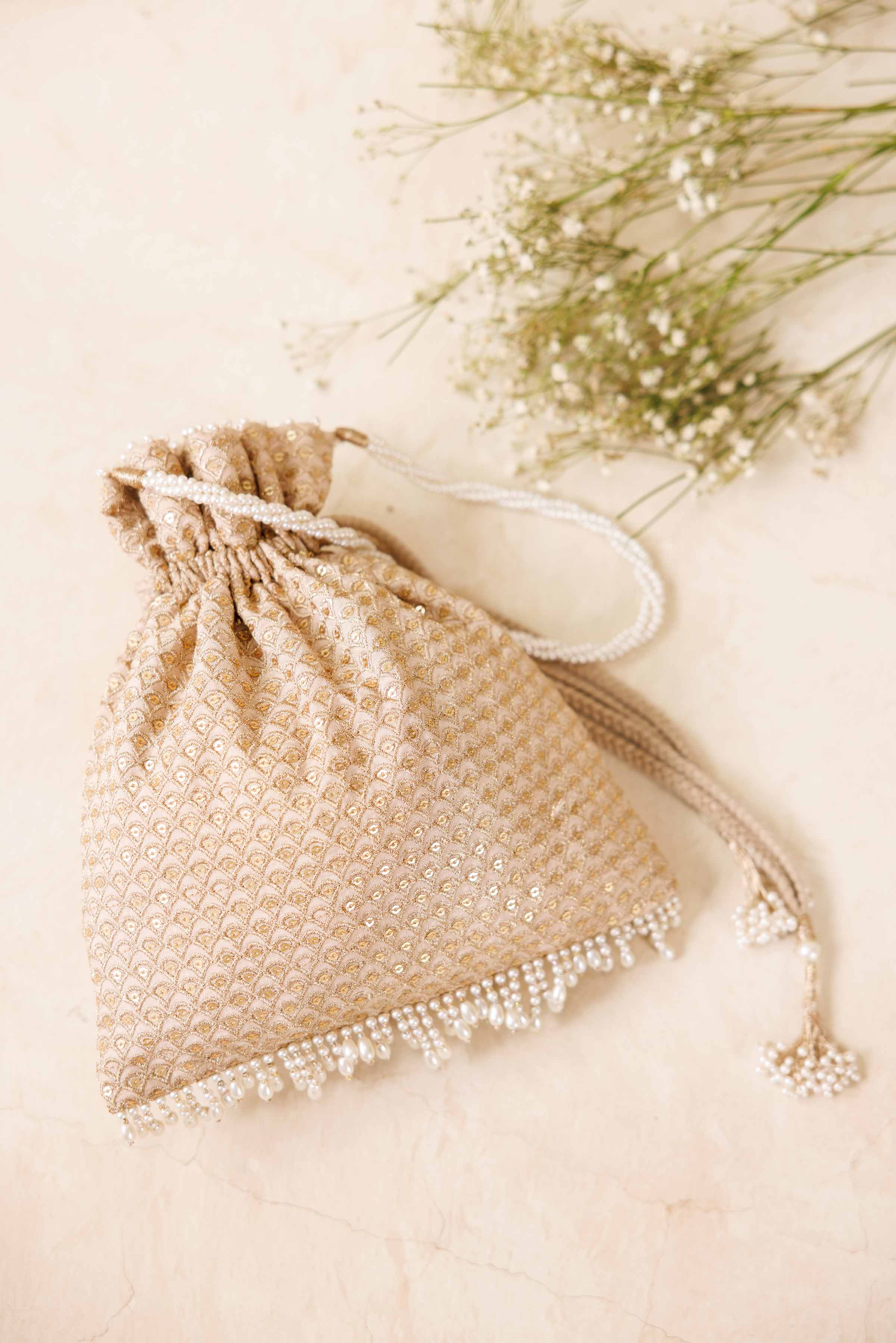 NishatUK - Beige Embroidered Silk ready to wear Pouch