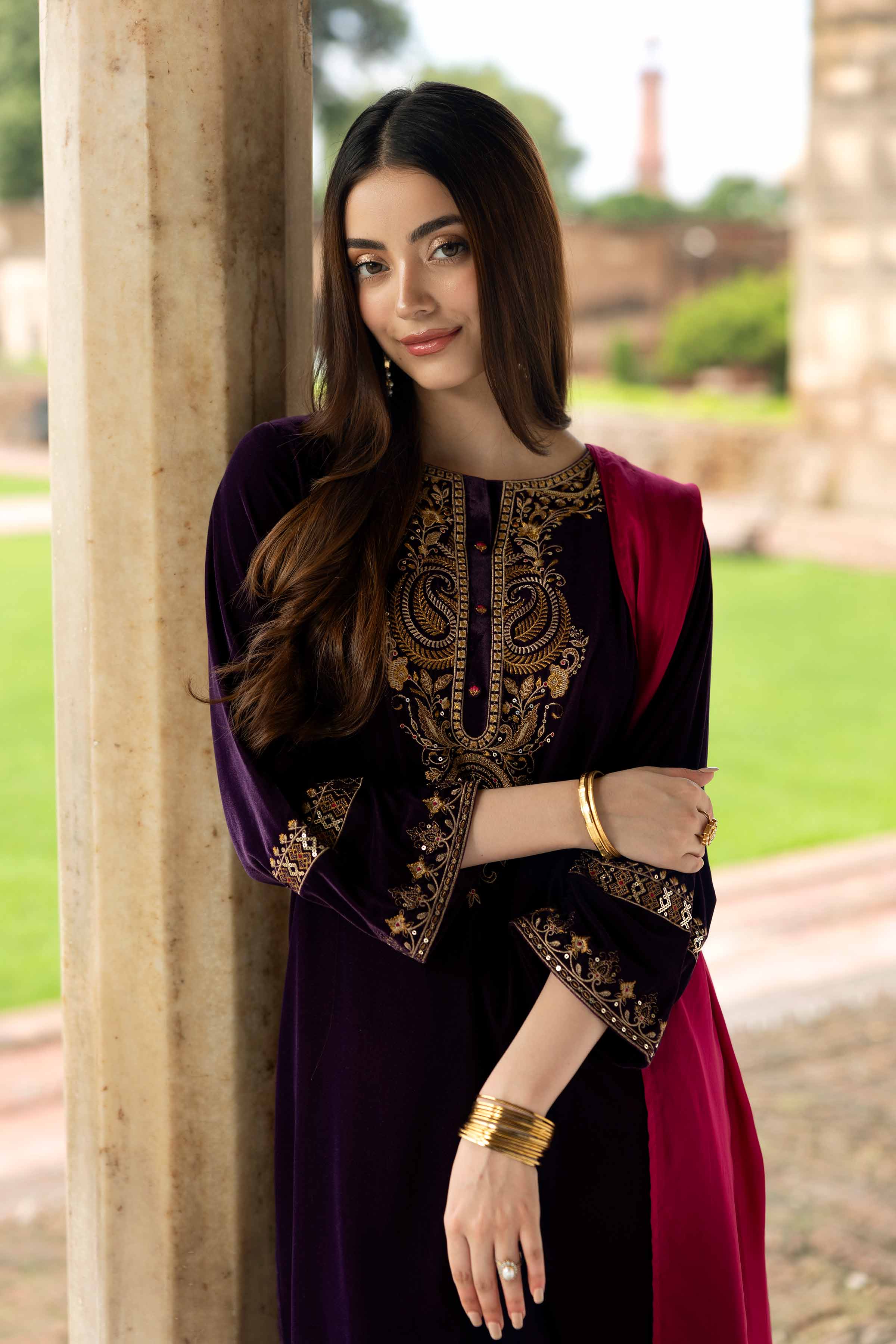 NishatUK - Purple Embroidered Velvet 3-piece ready to wear Suit