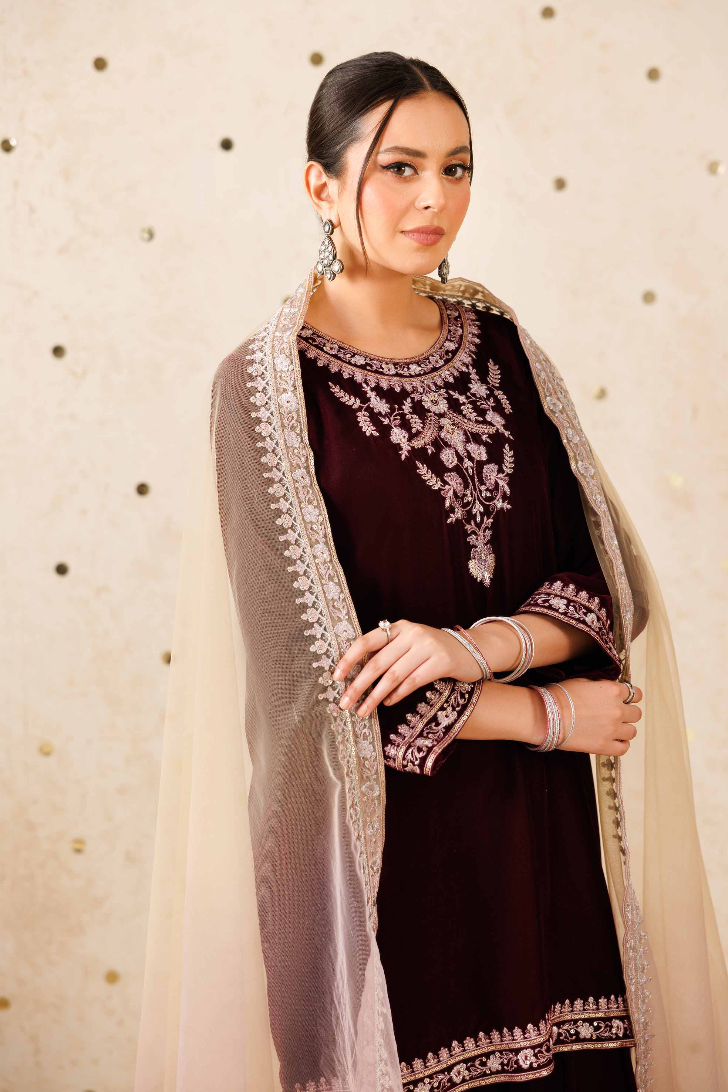 NishatUK - Purple Embroidered Velvet 3-piece ready to wear Suit