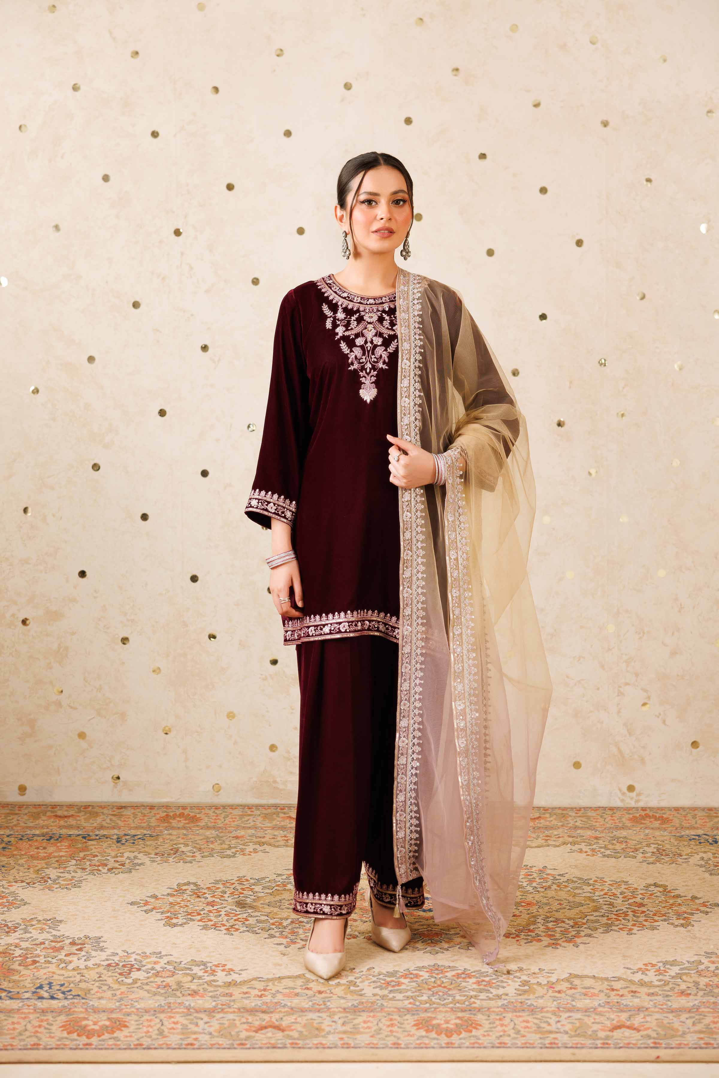NishatUK - Purple Embroidered Velvet 3-piece ready to wear Suit
